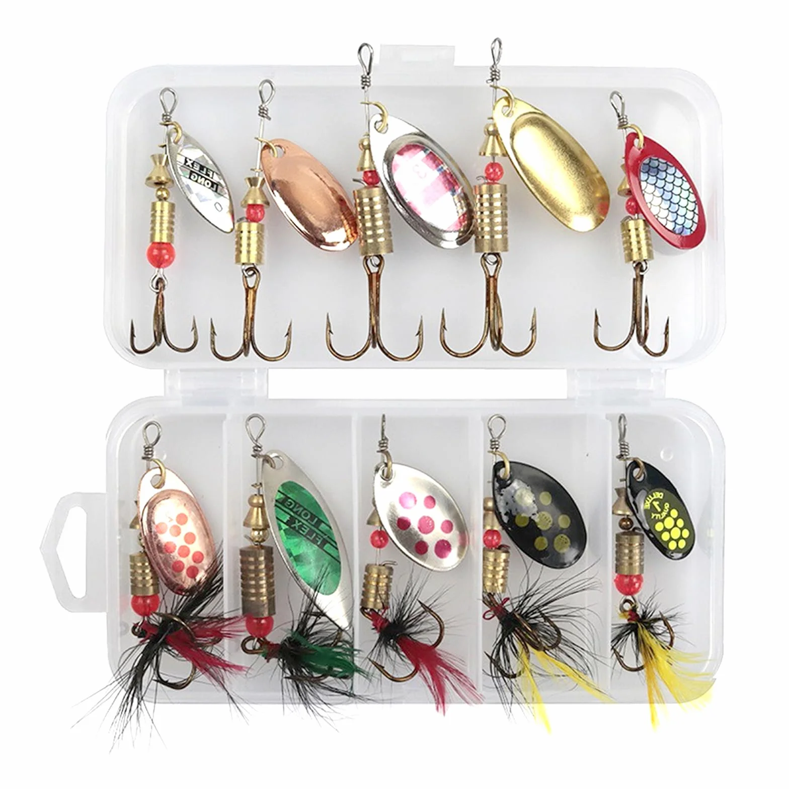 Señuelos Pesca Artificial 10 Piezas Kit Metal Cucharillas con Ganchos Caja Trucha Perca Lucio Salmón Bass