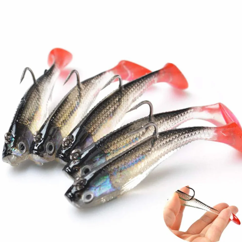 Señuelos de pesca DWE 5pcs, 3D ojos suaves, cebo artificial con gancho único