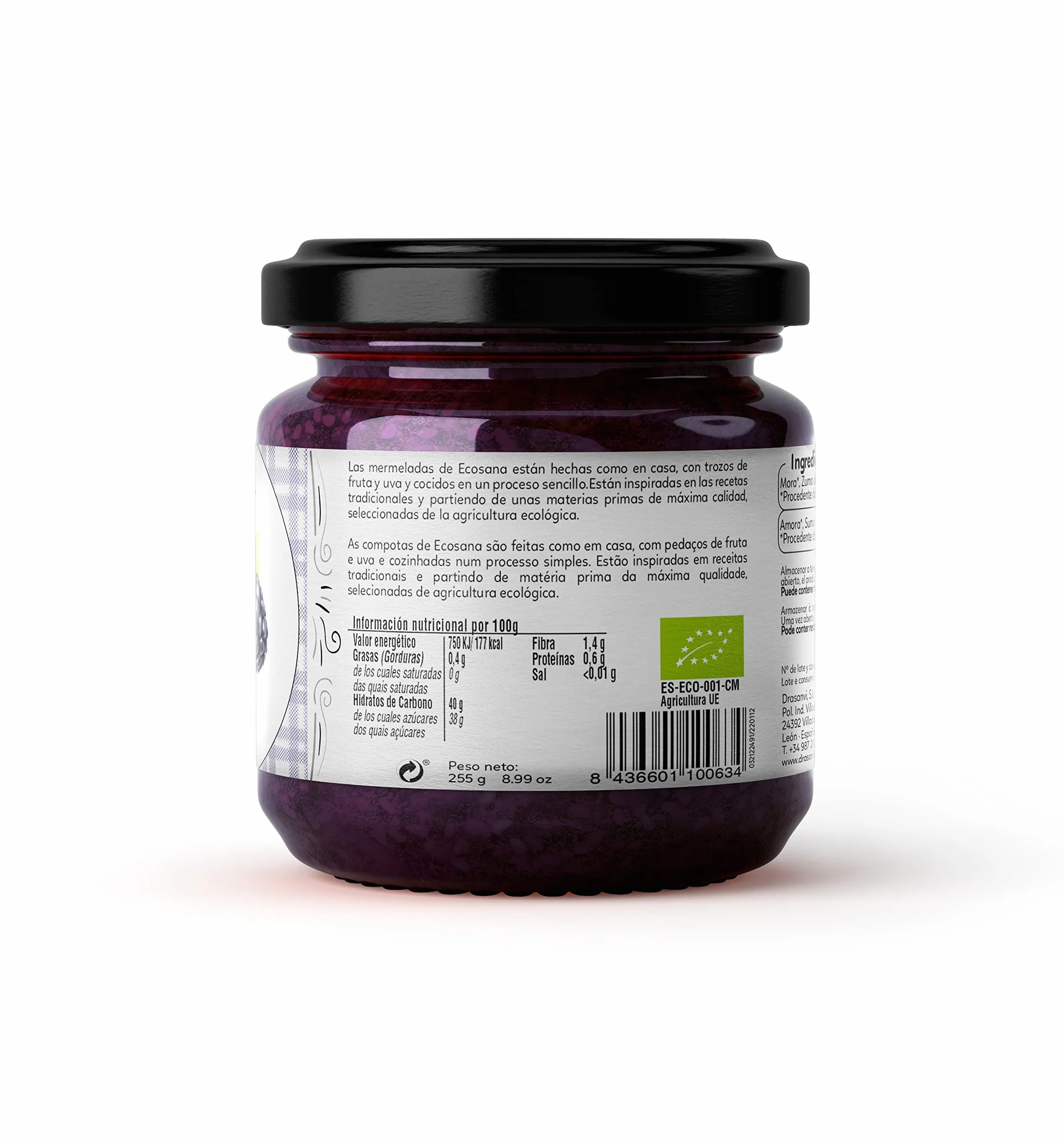 ECOSANA MERMELADA EXTRA MORA SIN AZÚCAR CERTIFICADO BIO by DRASANVI - VEGANO - SIN GLUTEN - 250g