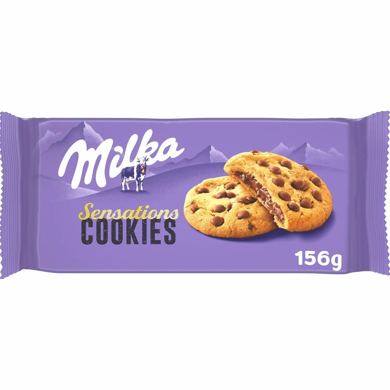 Milka Sensations Galleta Cookie con Pepitas de Chocolate con Leche, Relleno de Chocolate con Leche de los Alpes 156 g