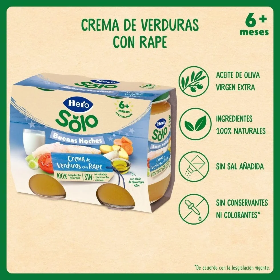 Hero Baby - Tarritos Infantiles, Buenas Noches Tarritos de Crema de Verduras con Rape, Alimento Infantil para Bebés a Partir de los 8 Meses - 190 g (Paquete de 12)