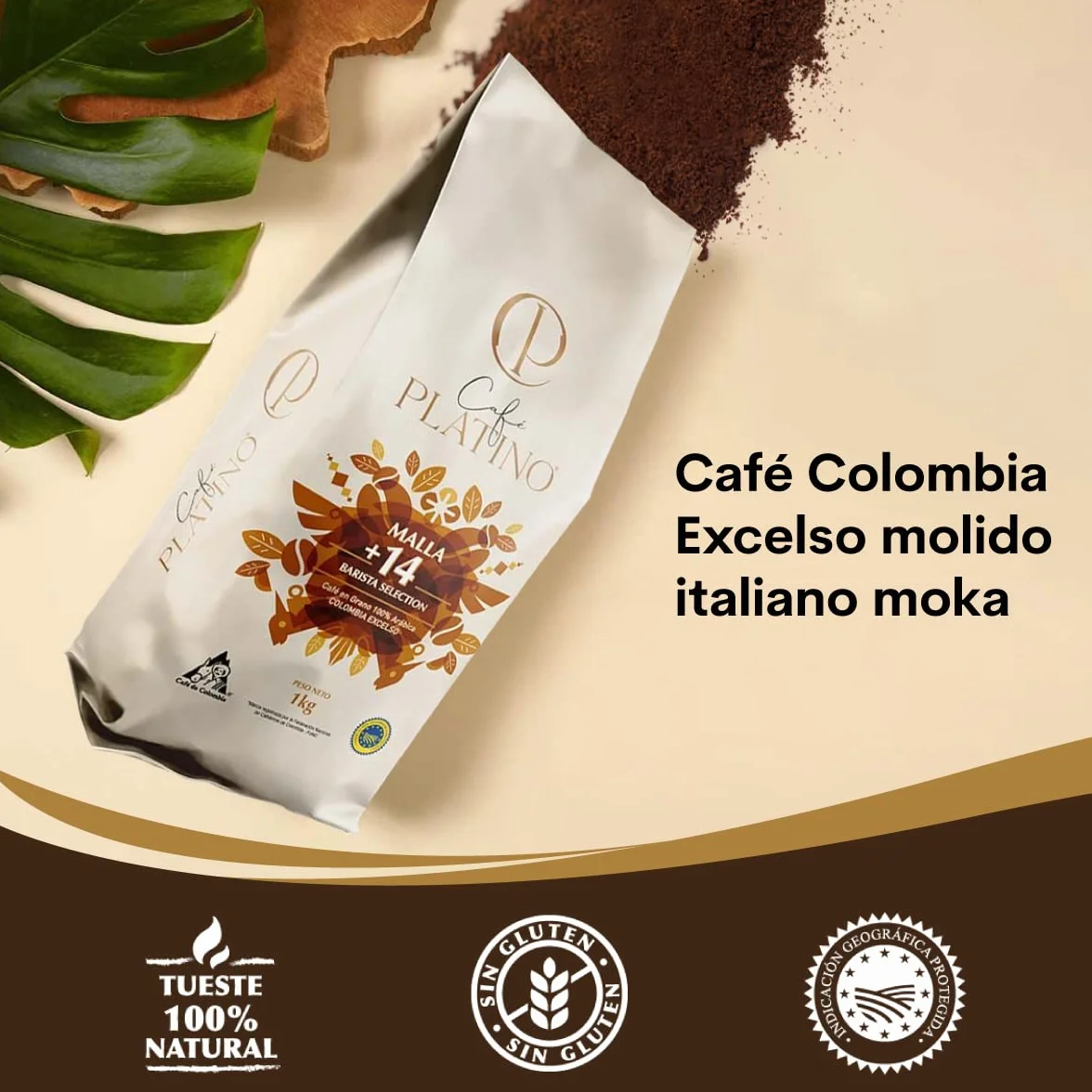 Café Platino - Café Molido de Colombia Excelso Tostado 1Kg - 100% Arábica - Malla +14 Barista Selection