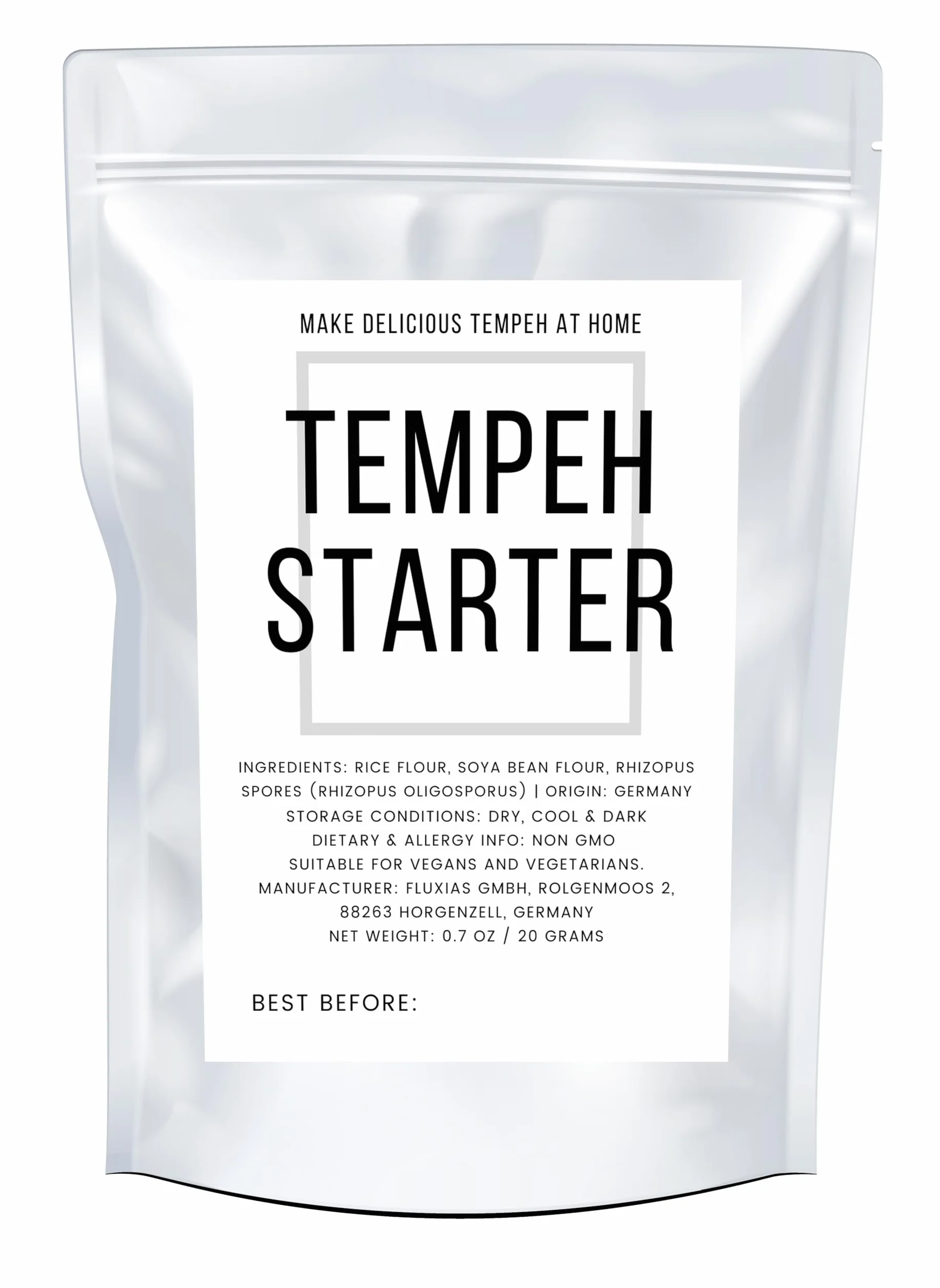 Tempeh - Cultivo iniciador con esporas de Rhizopus - Prepara un delicioso tempeh en casa, Tempeh Rhizopus rico en proteínas (Rhizopus oligosporus) - Peso neto: 19,8 g. Carne vegetal casera. Sin gluten