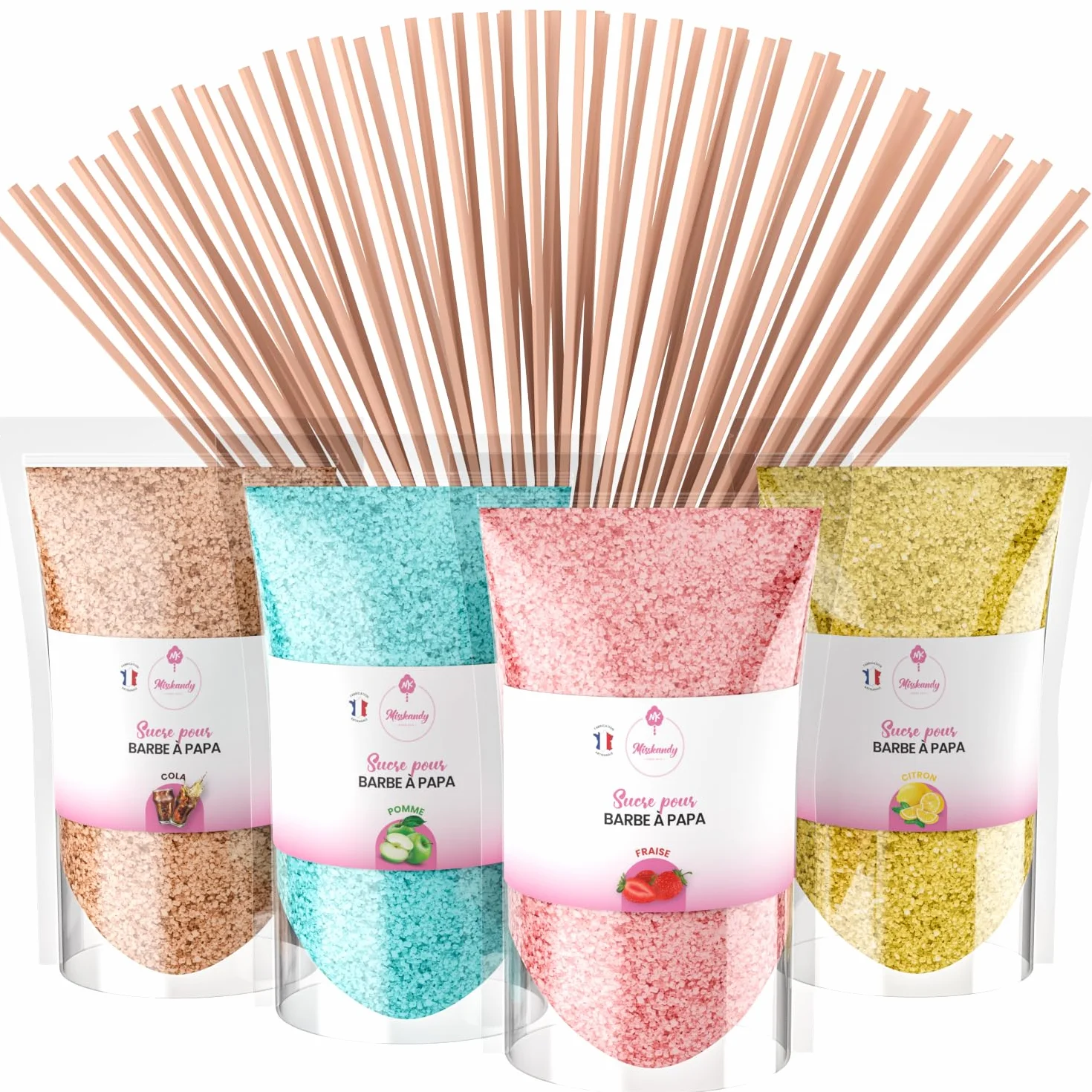 Misskandy® algodón de azúcar para máquina- Pack de 4 * 160Gr - (Sabores Naturales): Sabores: Fresa/Manzana/Cola/Limón + 50 palitos (gratis)