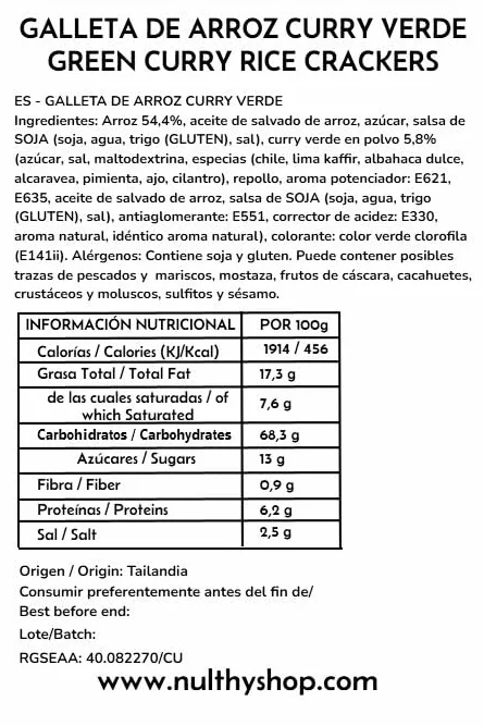 NULTHY 500g - Galletas de Arroz con Curry Verde, Snack Crujiente Exótico, Aperitivo Sabor Intenso