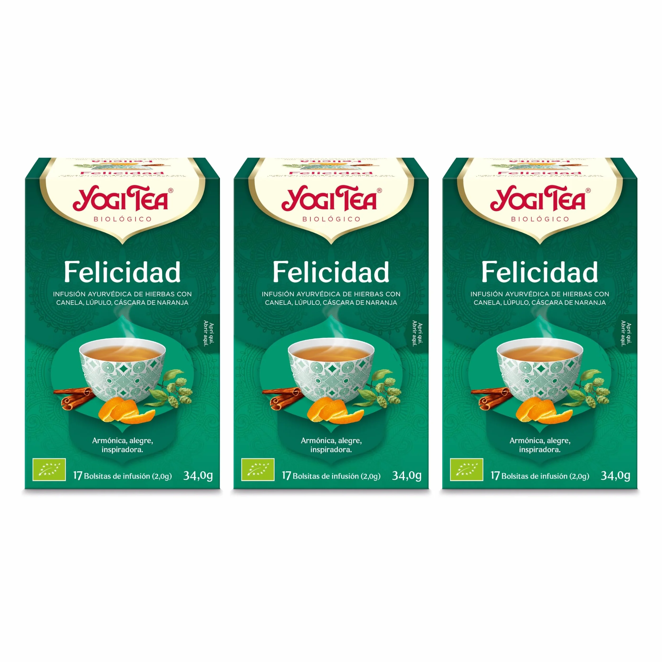 Yogi Tea - Felicidad - Infusión Ayurvédica - Mezcla de Canela, Lúpulo y Cáscara de Naranja - Pack de 3x17 bolsitas (51 en total)