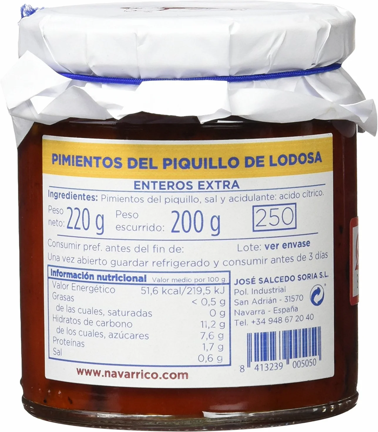 EL NAVARRICO - Pimientos del piquillo de Lodosa enteros extra 400 gr - pack de 3
