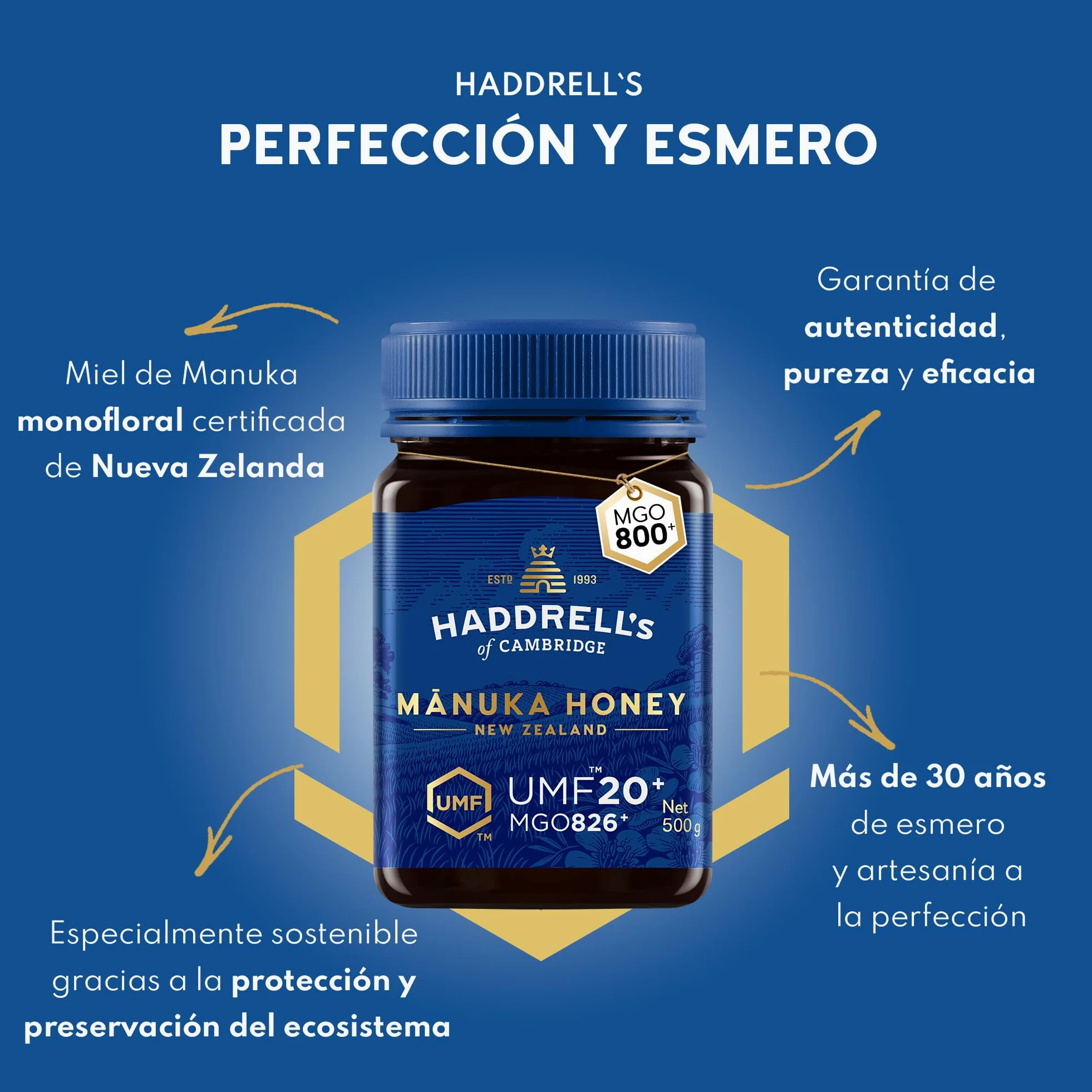 Haddrells of Cambridge Miel de Manuka MGO 800+ (UMF 20+) 500g - Miel certificada de Nueva Zelanda - Rica en metilglioxal - Sostenible, cruda y con un alto contenido en MGO