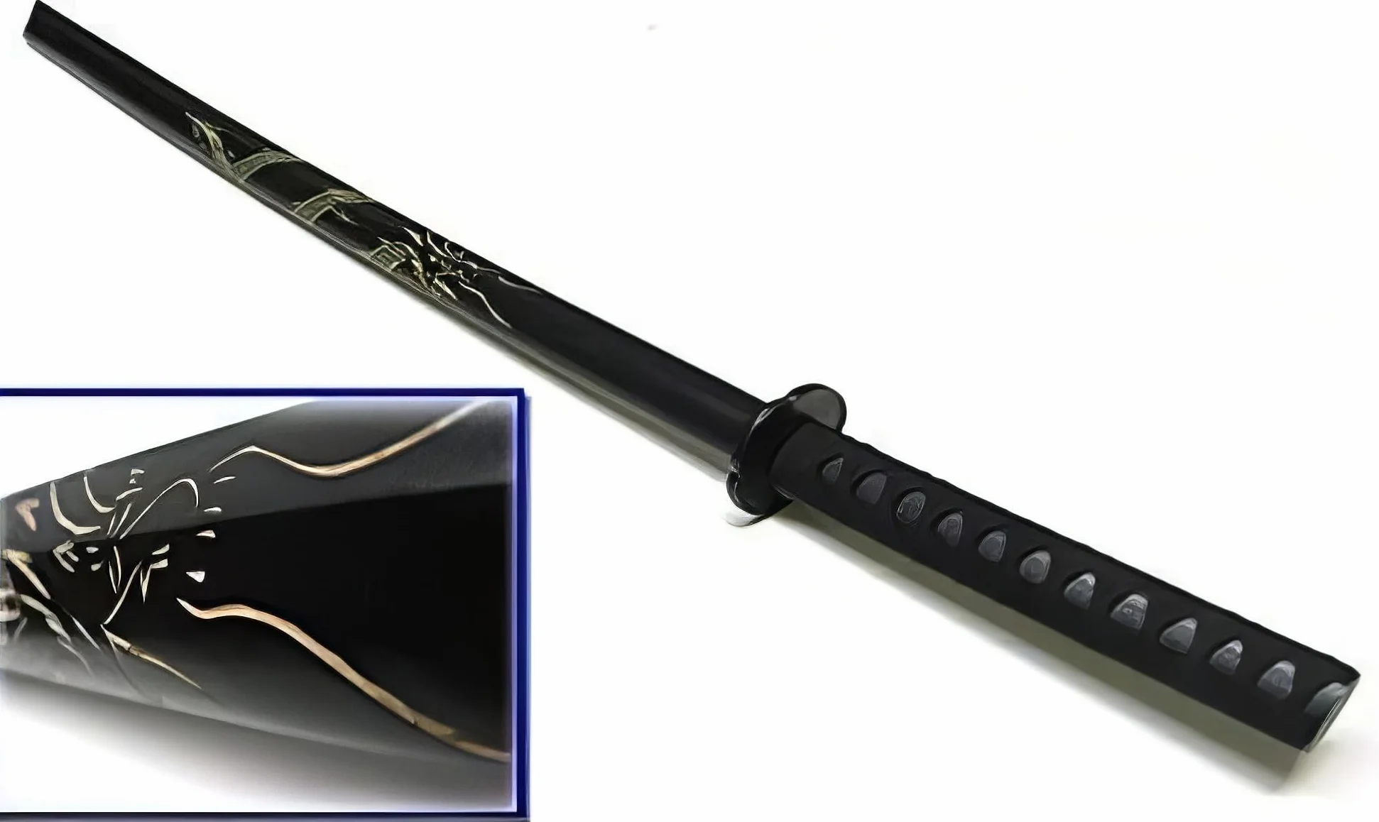 YUDU Bokken, Dragón Geschnizt, Madera, Negro 62 cm