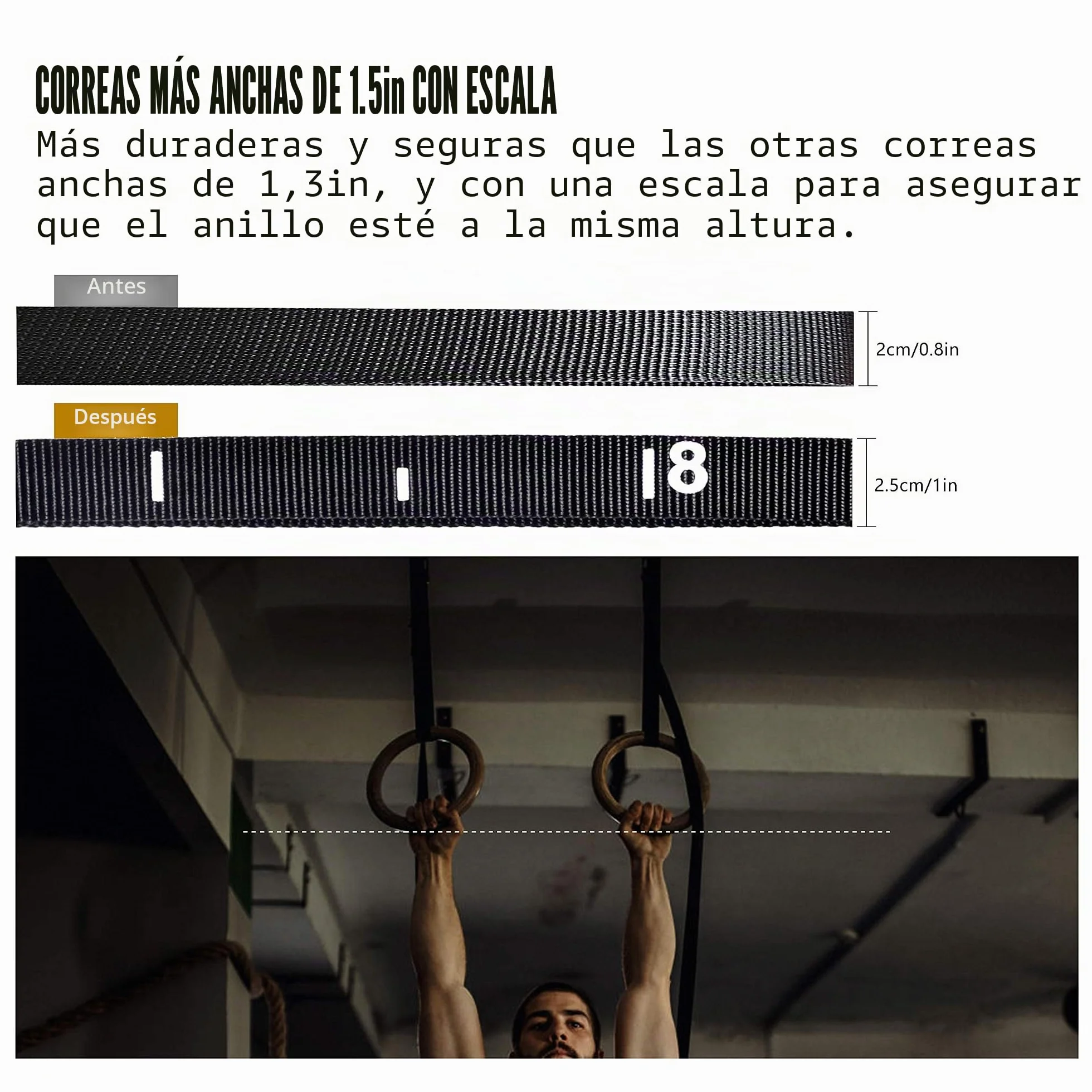 CCLIFE Anillos de Gimnasia de Madera con Correas Hebillas Ajustable, 28mm, Carga 450KG