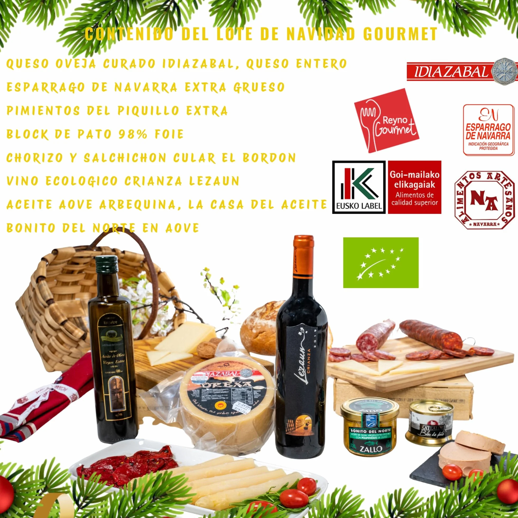 Lote Gourmet Euskal Herria - Cesta Navidad Queso Idiazabal, Pate, Chorizo, Espárragos de Navarra, Pimientos del Piquillo