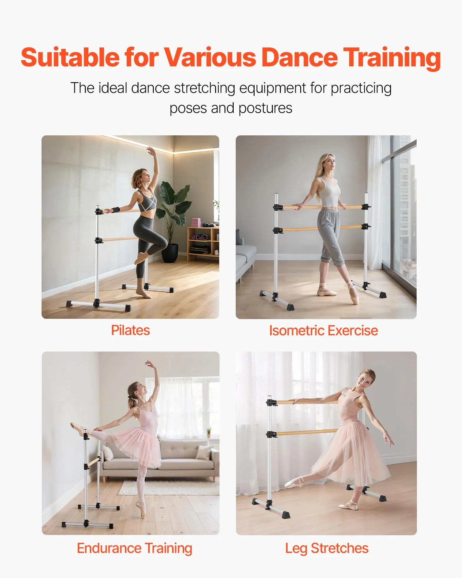 VEVOR Barra de Ballet Independiente Doble, Madera, Entrenamiento de Equilibrio, 1260x760x1180 mm, Carga 136 kg