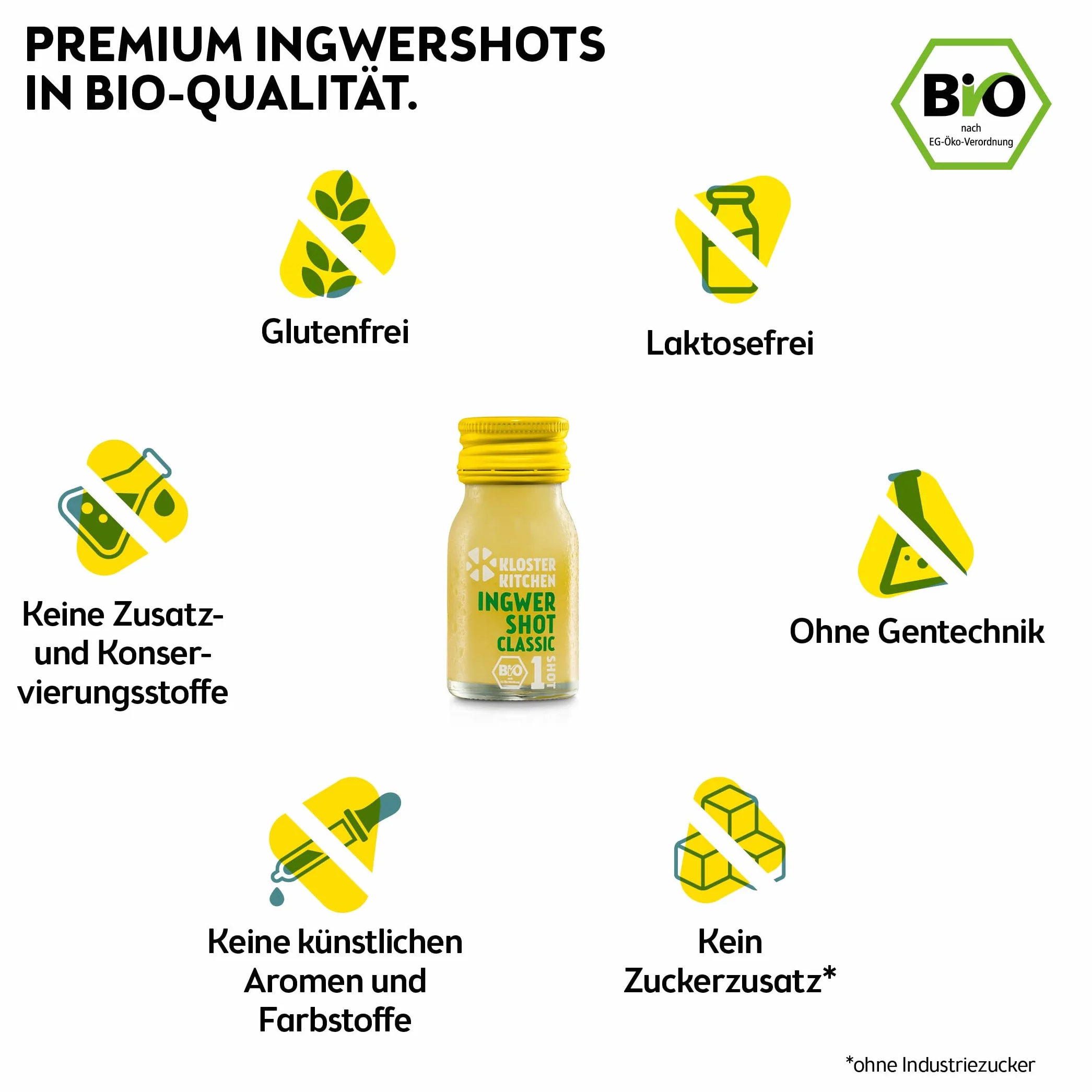 Kloster Kitchen Mezcla de jengibre orgánico 14 botellas 30 ml con trozos de jengibre vidrio vegano