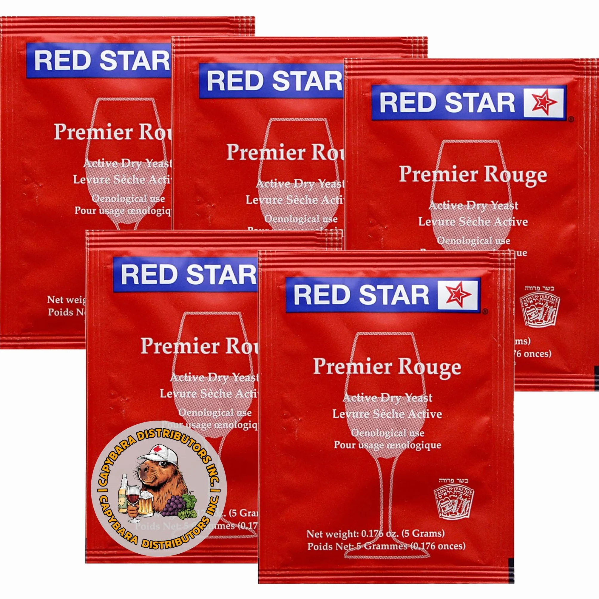Red Star Levadura de Vino Premier Rouge (Paquete de 5) - Ideal para Hacer Vino, Sidra, Hidromiel, Kombucha en Casa - Sobres de 5 g - Saccharomyces cerevisiae - Vendido por CAPYBARA Distributors Inc.
