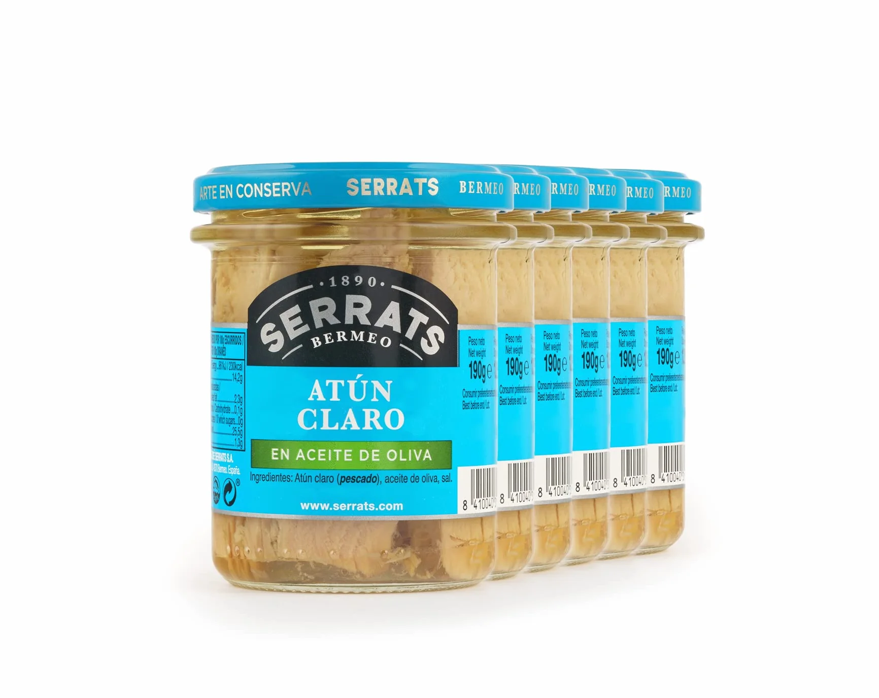 CONSERVAS SERRATS - Atún Claro en Aceite de Oliva Seleccionado - 6 Frascos x 190g (Total: 1140g) - Elaboración Artesanal desde 1890 - Sin Gluten - Rico en Omega 3 – Gourmet