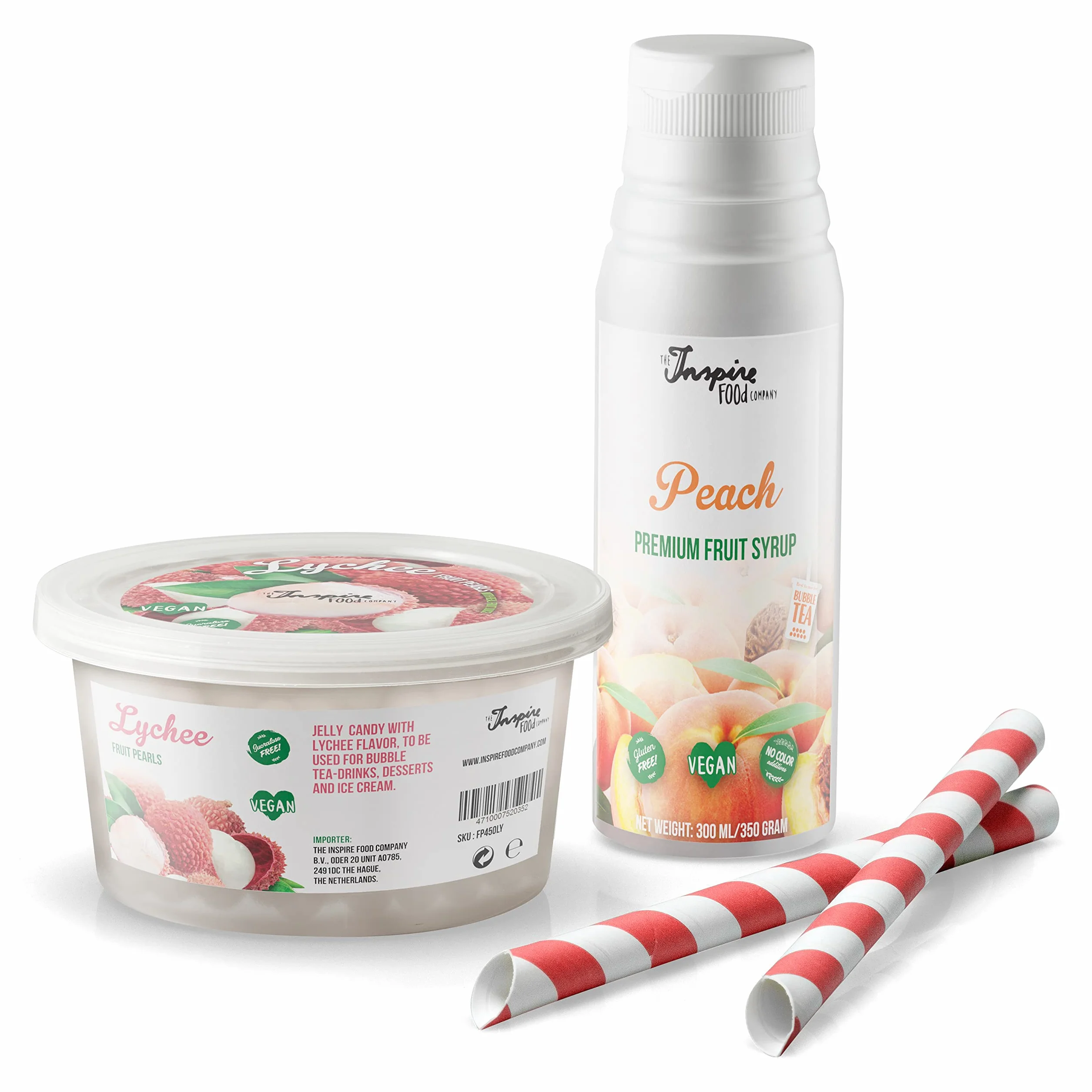 INSPIRE FOOD Bubble Tea Pearls Set 450g Strawberry Popping Boba Green Apple Syrup 300ml
