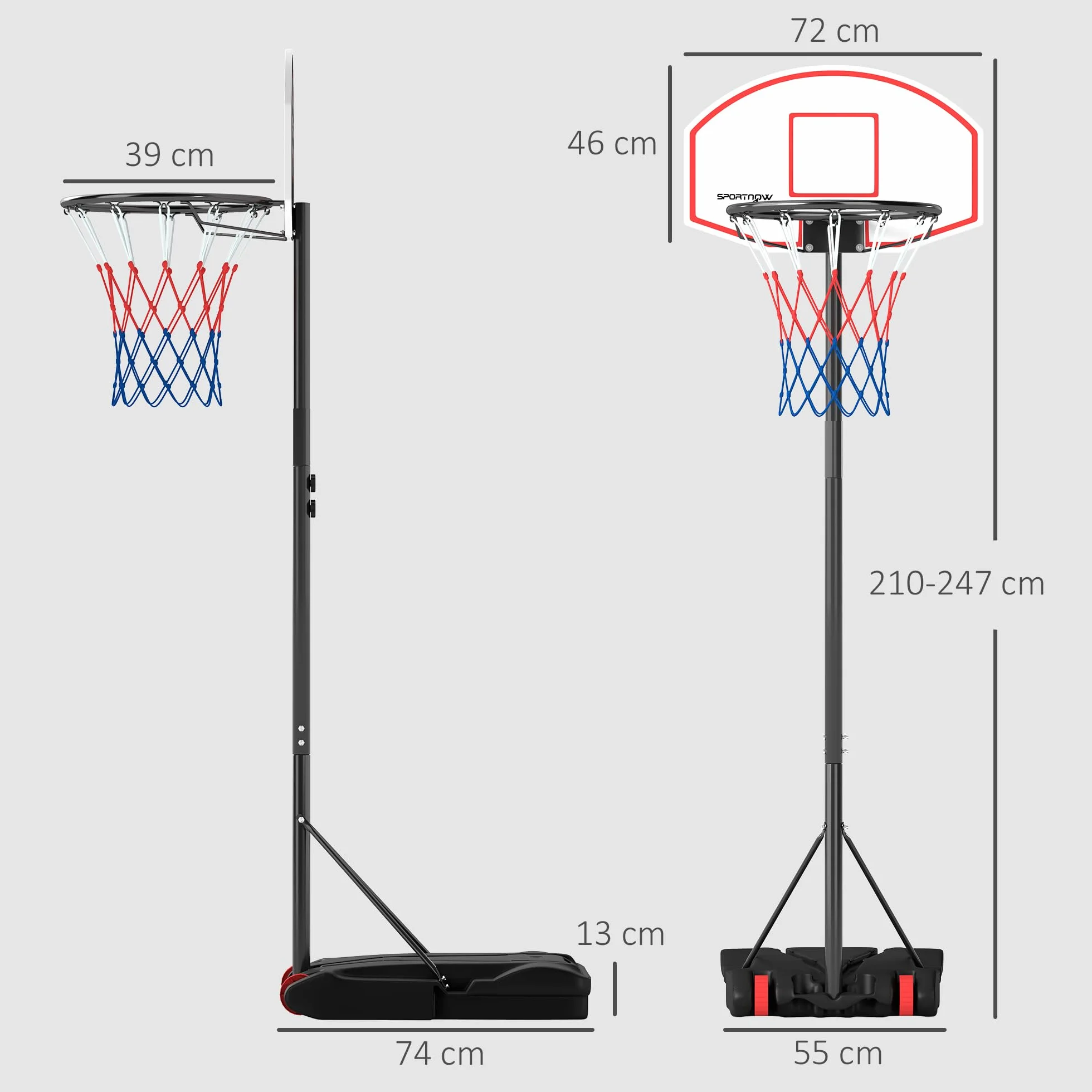 SPORTNOW Canasta de Baloncesto Exterior Tablero Dardos Altura Ajustable 210-247 cm Aro Portátil Ruedas Base Rellenable Negro