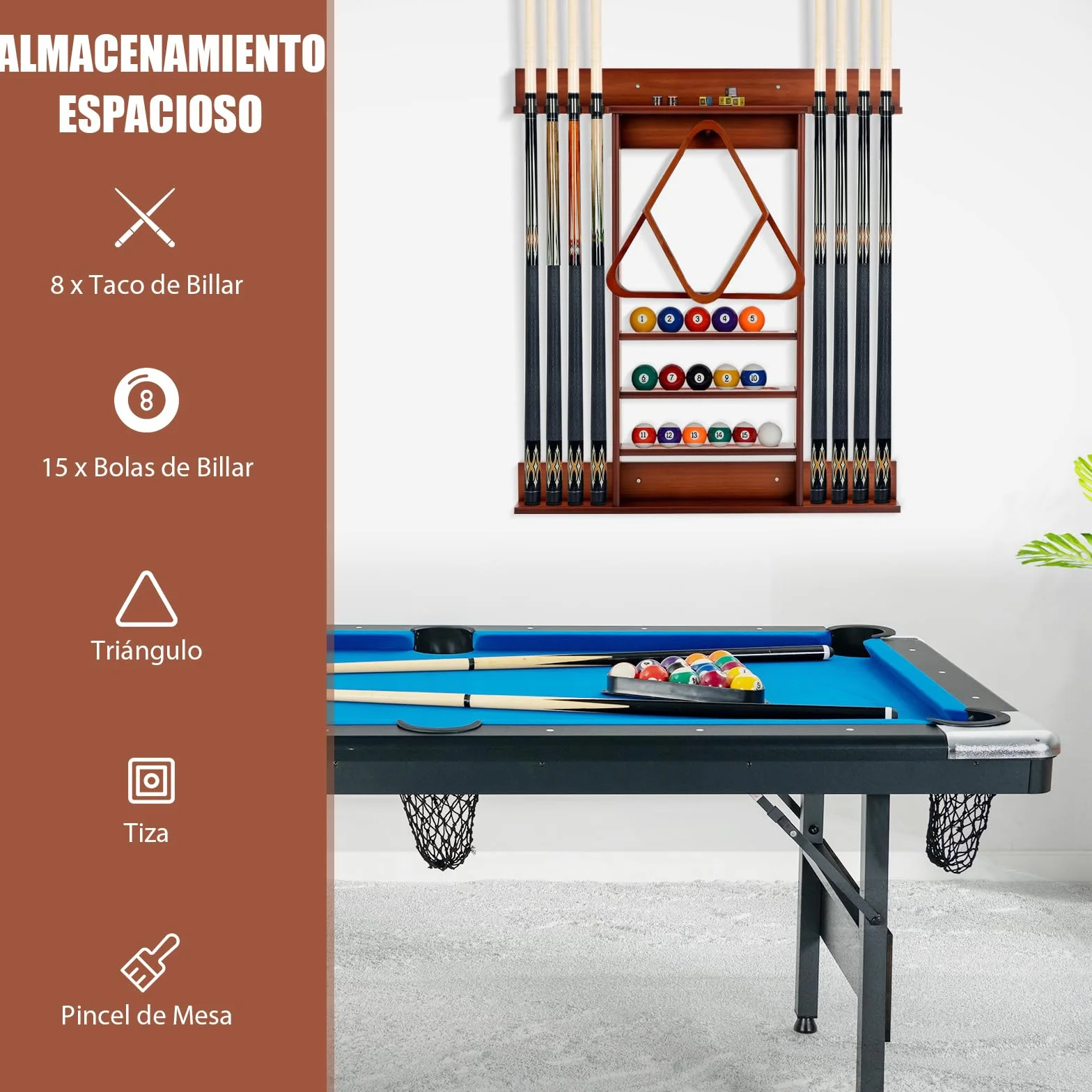 GYMAX Soporte para Tacos de Billar de Madera de Pino, para 8 Tacos, 15 Bolas y Accesorios