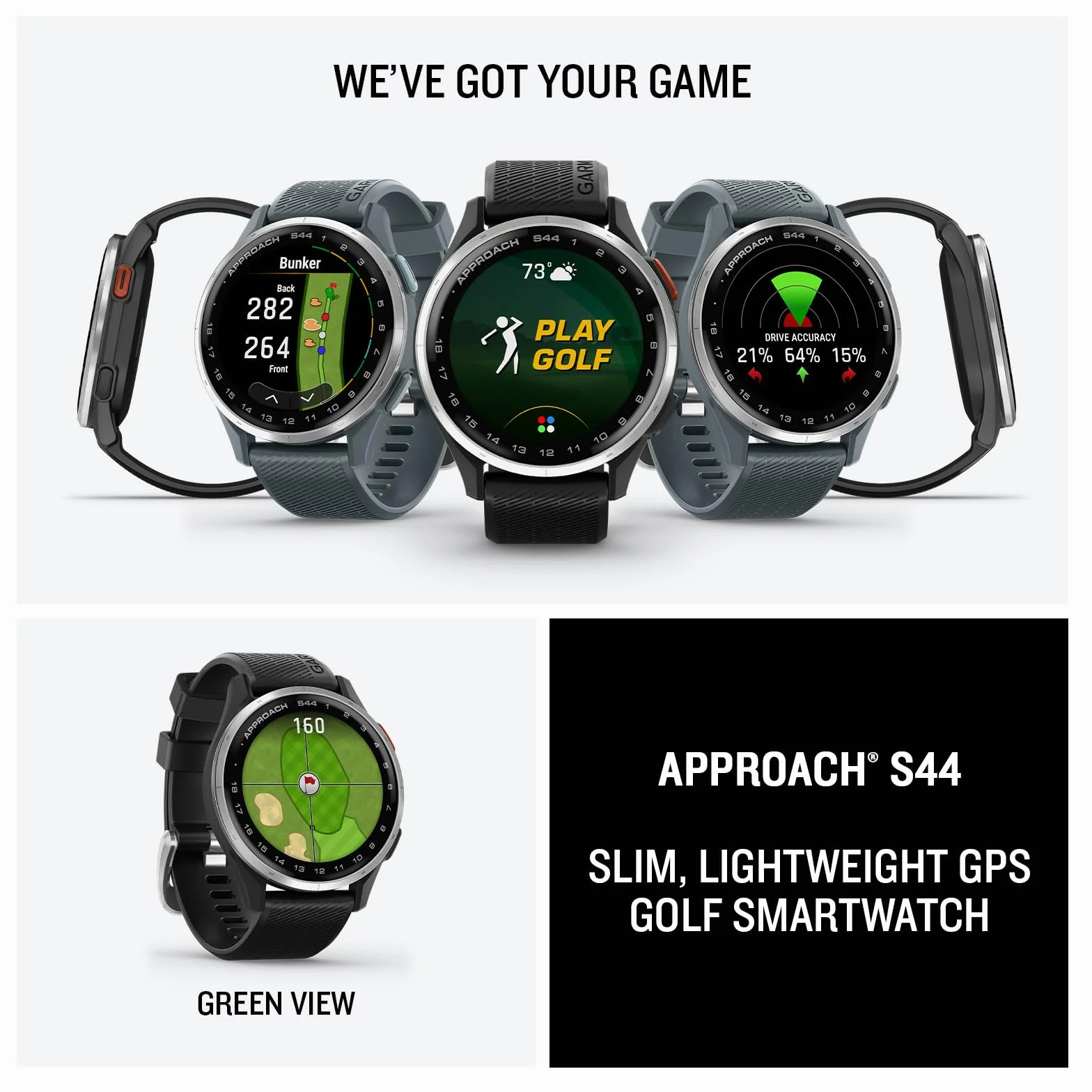 Garmin Approach S44 Golf GPS Smartwatch AMOLED Plateado Bisel Aluminio Correa Silicona Negra