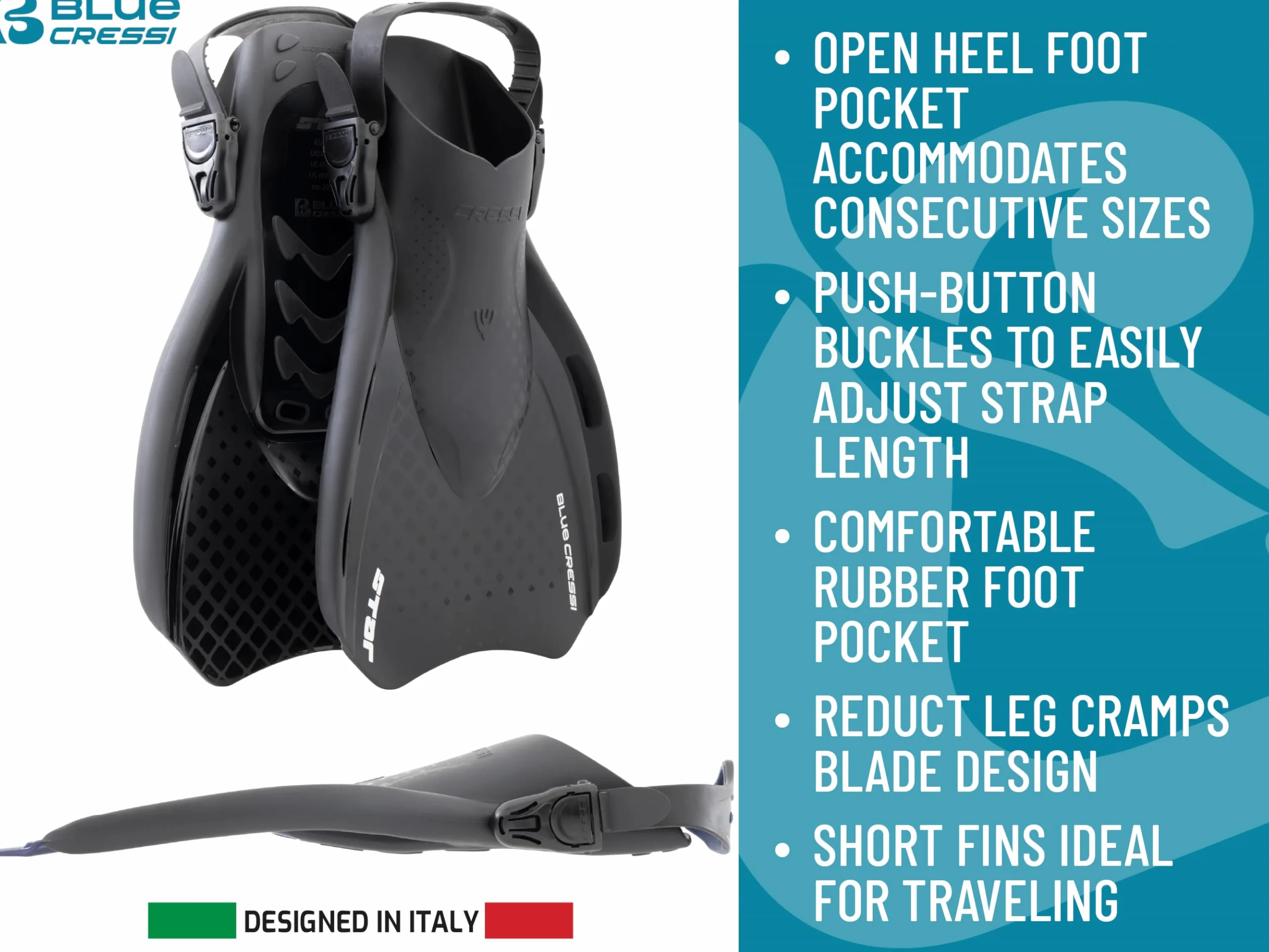 CRESSI Star Fins Aletas Compactas Ajustables Potente Pala Ventilada Cómoda Zapata para Nadar Snorkel Viajar Adultos