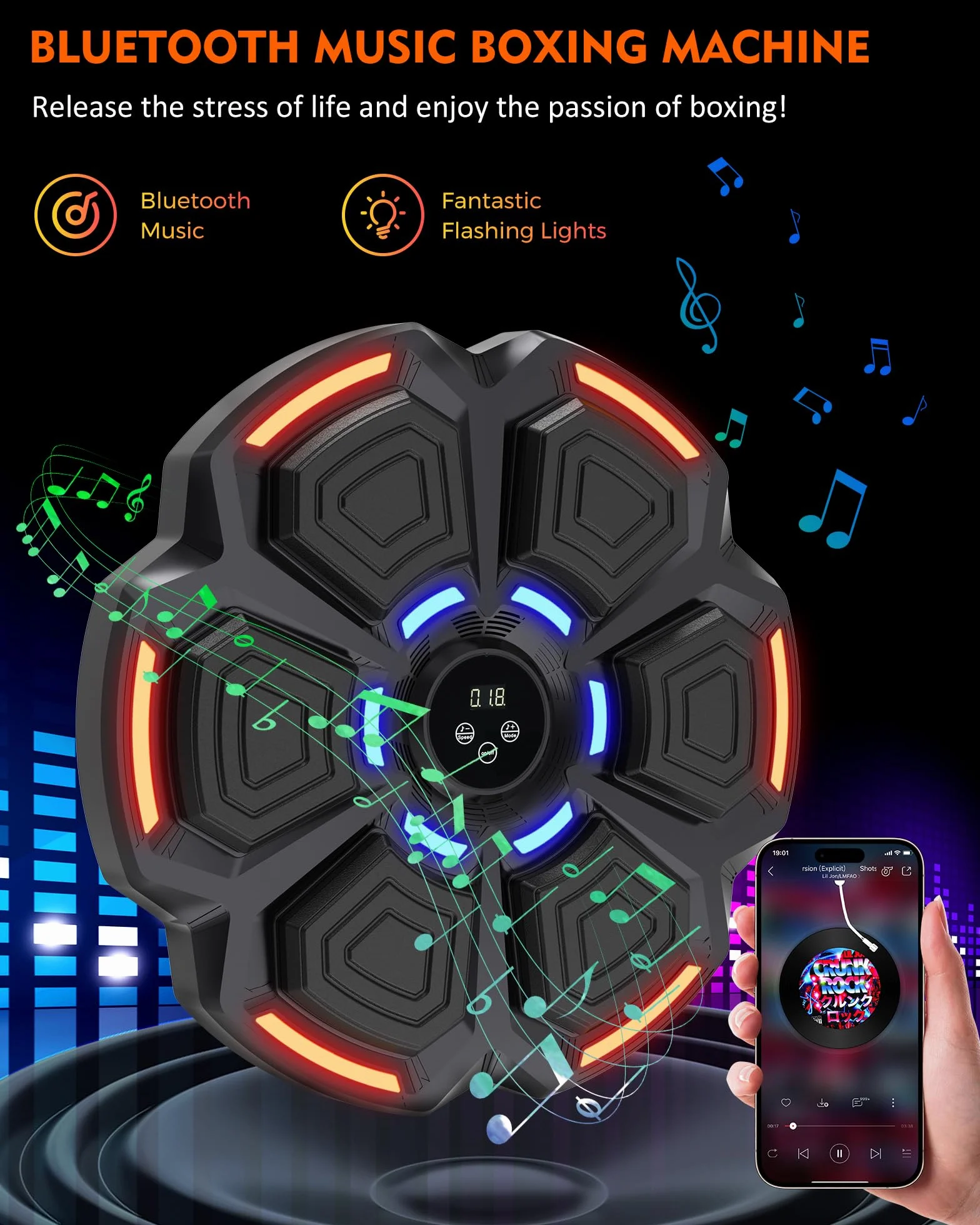 Máquina de Boxeo con Música snawowo - 9 Modos de Velocidad, Bluetooth, Recuento Inteligente, Luces al Ritmo, Guantes Incluidos