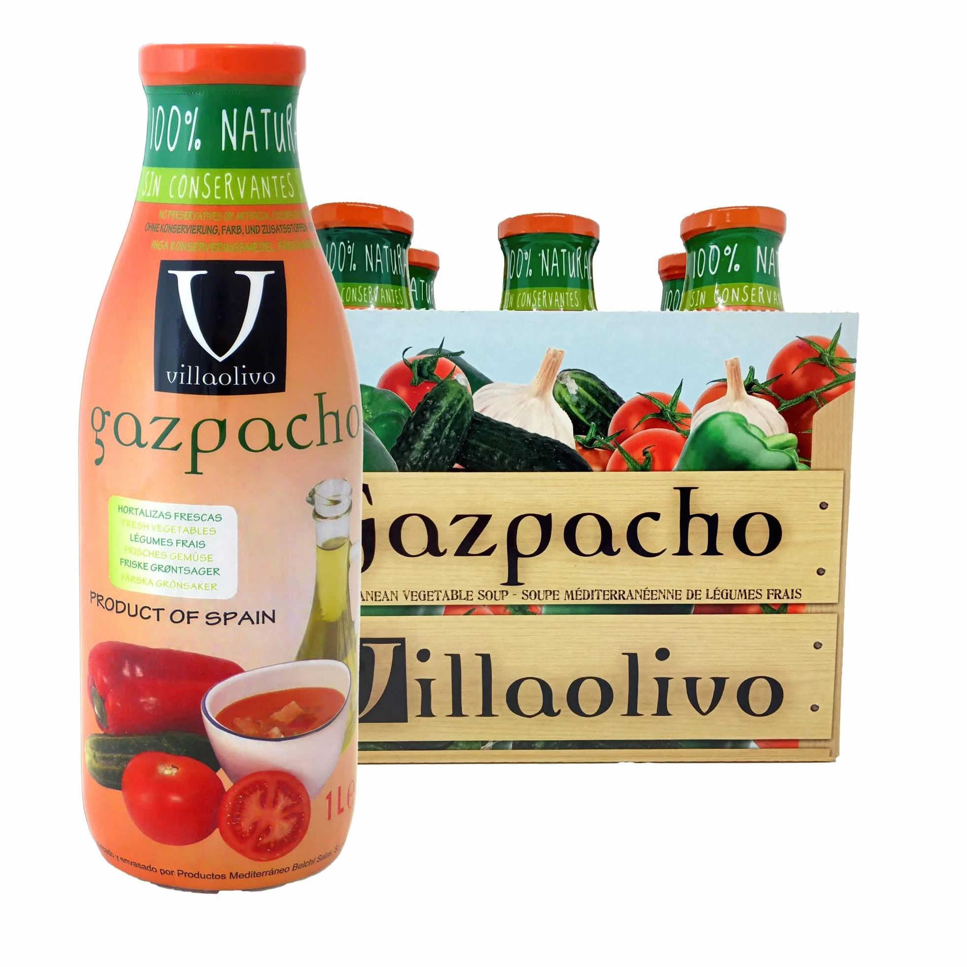 Villaolivo Gazpacho Tradicional 1L Pack 6 Sopa Fría Española 100% Natural Sin Conservantes