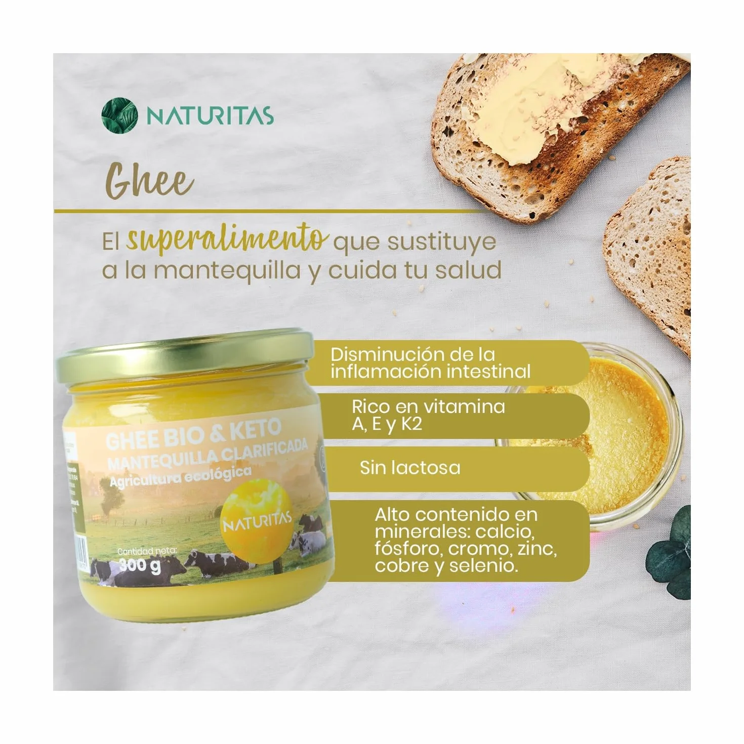 Ghee mantequilla clarificada BIO | 300 g | Naturitas Essentials | Sin lactosa ni caseína | Mantequilla keto | Salsas