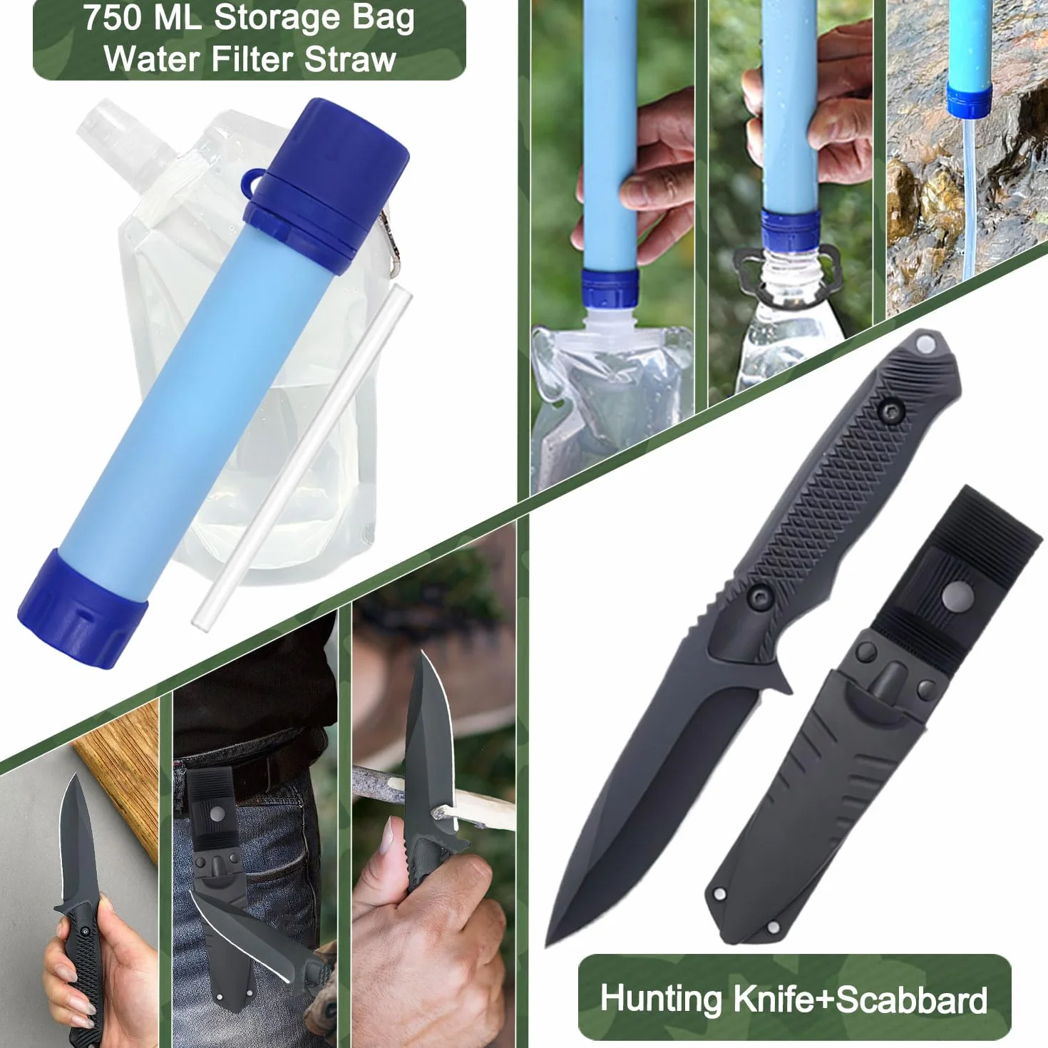 Kit de Supervivencia 22 en 1, Emergencia Exteriores con Filtro de Agua, Bolsa Camping Senderismo Camuflaje