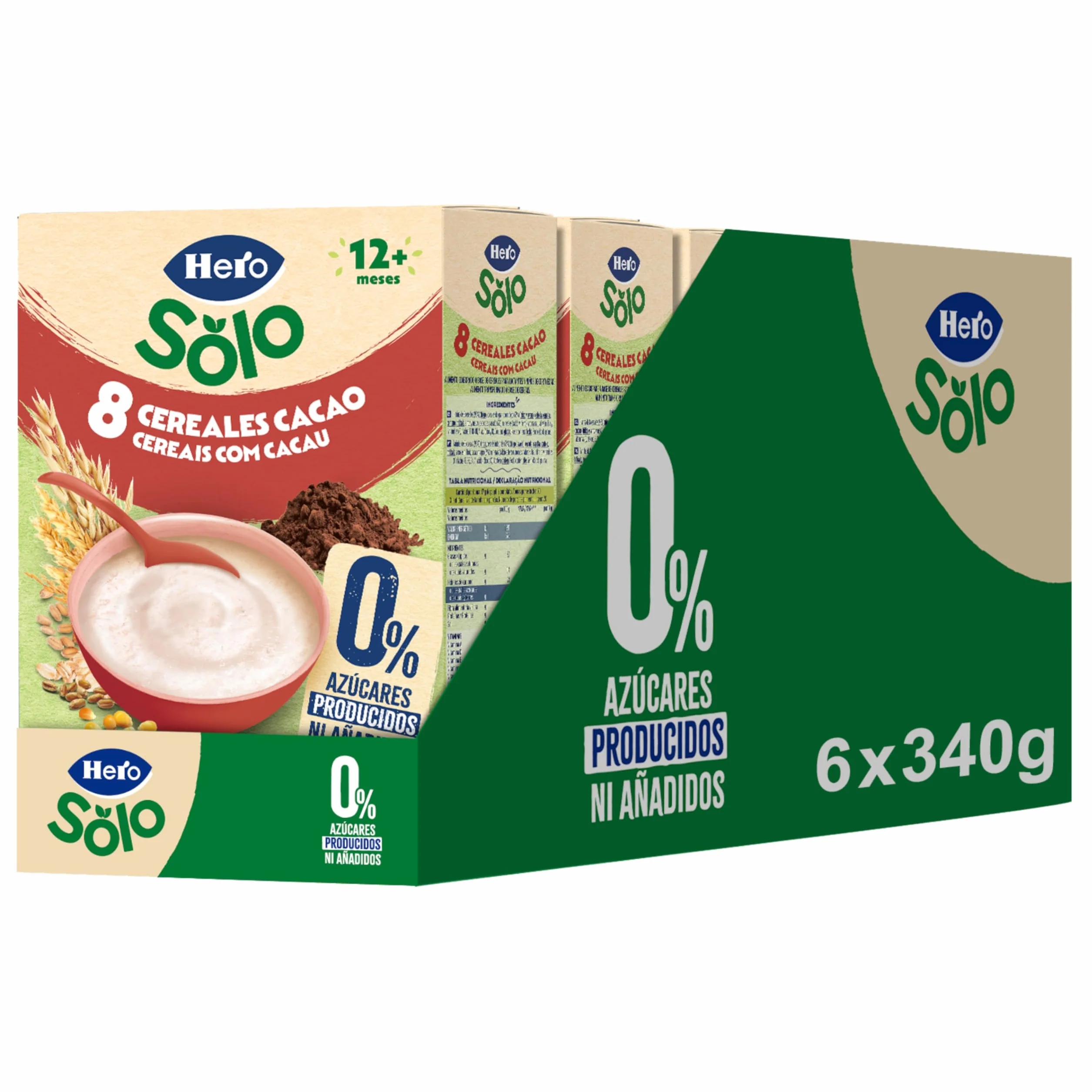 Hero Solo Papilla 8 Cereales con Cacao, Sin Azúcares Añadidos, Rica en Fibra y Vitaminas, Sabor Natural para Bebés, a partir de 12 meses
