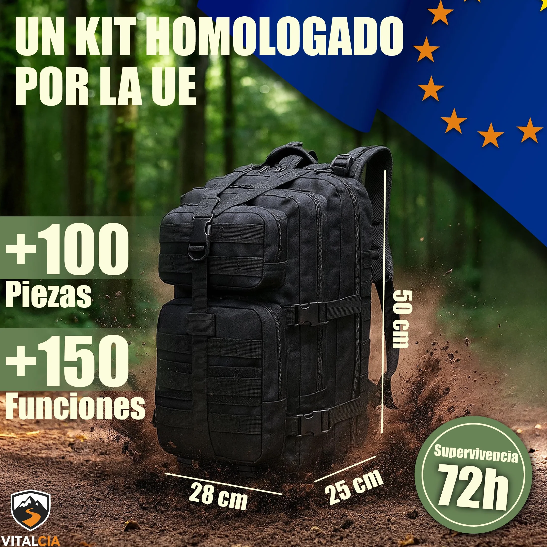 Kit Supervivencia 72 Horas Mochila con Hacha, Primeros Auxilios, Radio Solar Emergencia