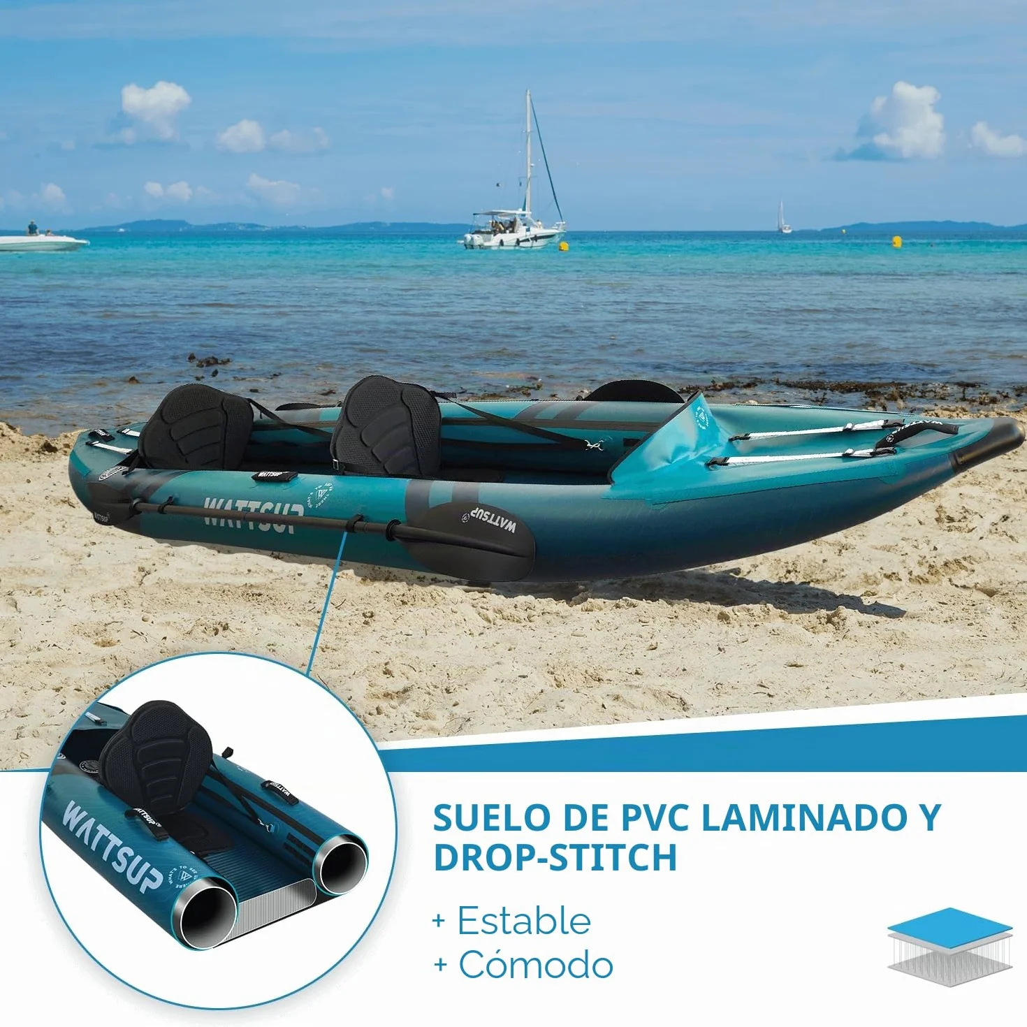 Wattsup Kayak Inflable 2 Plazas 410 cm x 85 cm PVC Laminado Dropstitch Pack Completo 220 kg