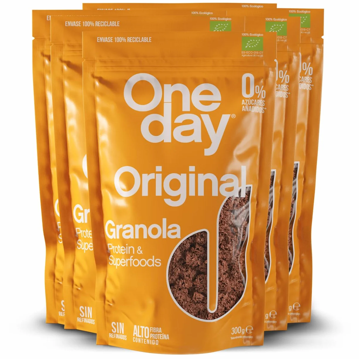 ONE DAY Granola Ecologica Sin Azucares Añadidos Alto en Proteína con Superfoods Pack 6 x 300g