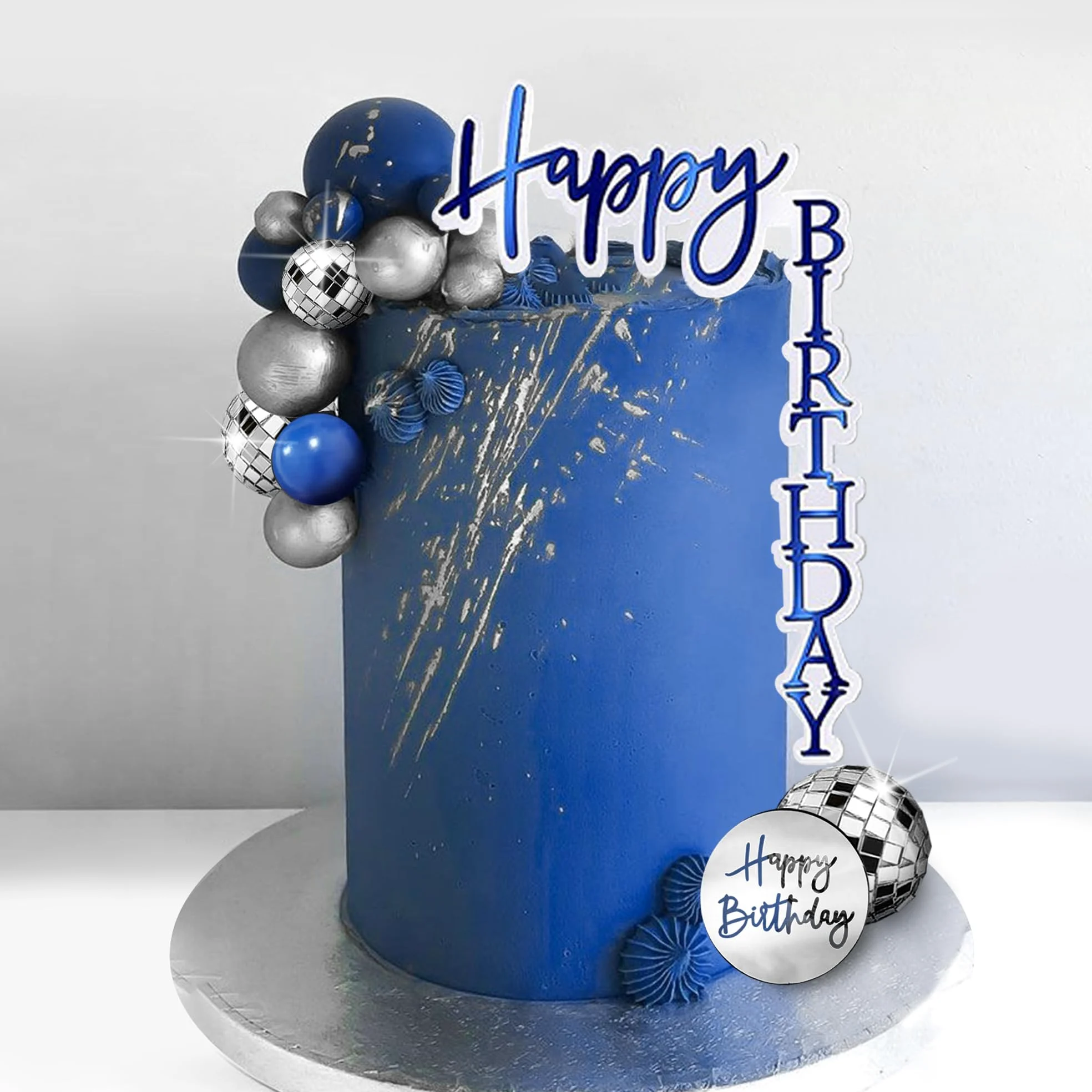 Decoración para tarta de hombre, bola de discoteca azul y plateada, decoración bohemia para tartas, decoración para tartas azul marino, bohemio, boda, hombre, niño, fiesta de cumpleaños, baby shower