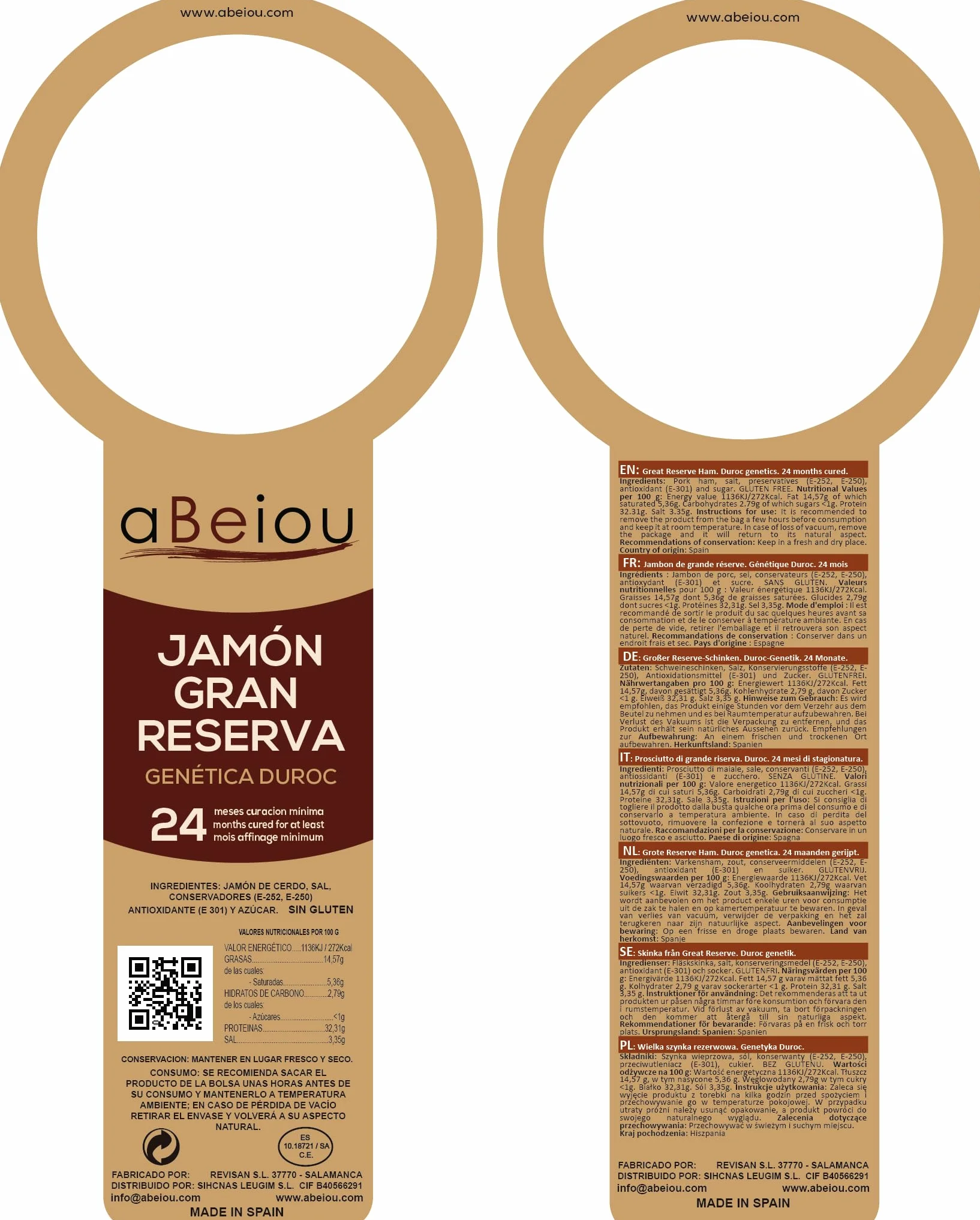 Jamón Gran Reserva Duroc Premium Pata Entera con Hueso 7,6–8,6 kg — Curación +24–25 Meses — Guijuelo Salamanca — Envasado al Vacío — aBeiou