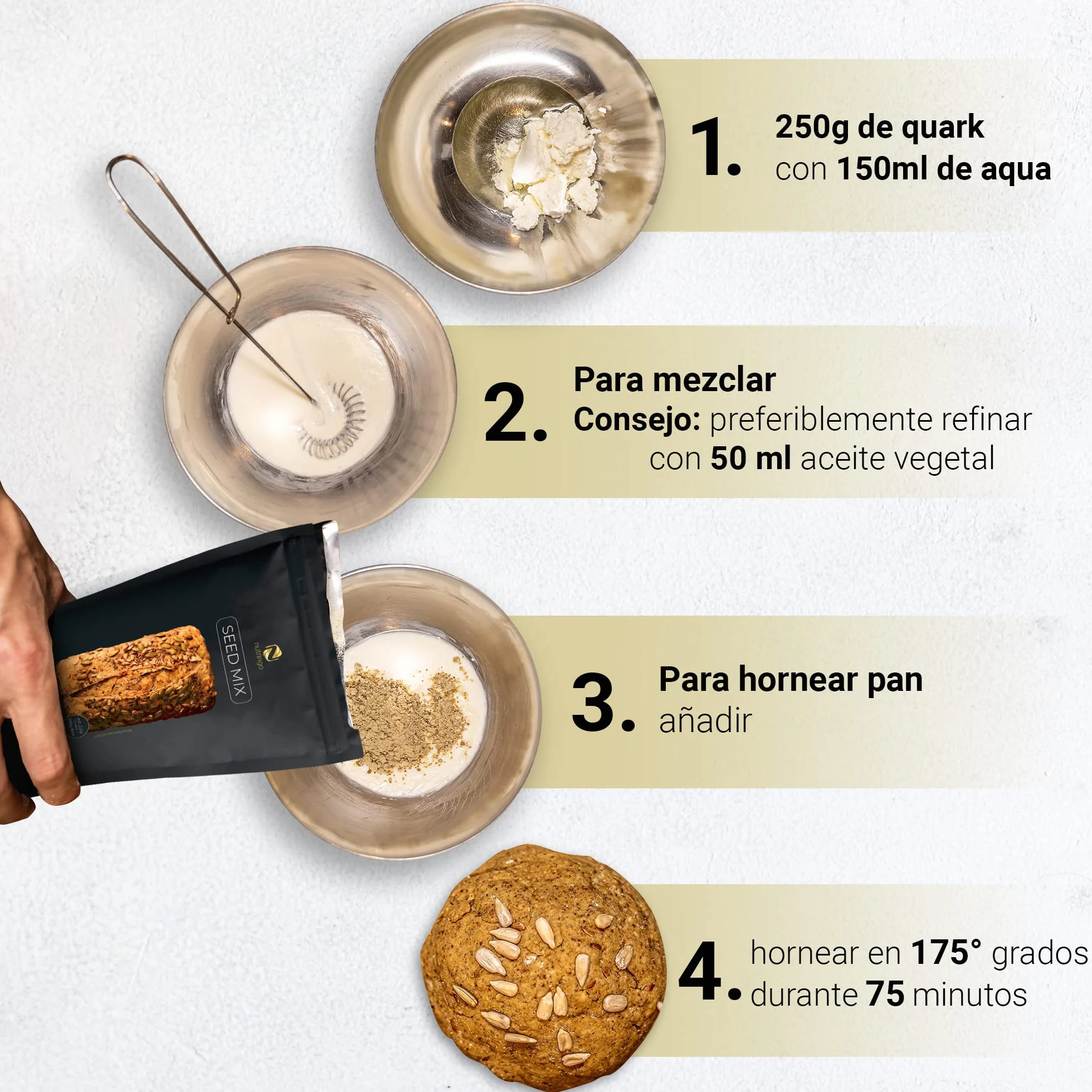 Seed Mix - Mezcla para hornear pan de proteínas 3x200g. | para 1,65 kg de pan | 4g. carbohidratos | Sin cereales | Sin gluten | Para Paleo, Keto baja en carbohidratos | Apto para diabéticos