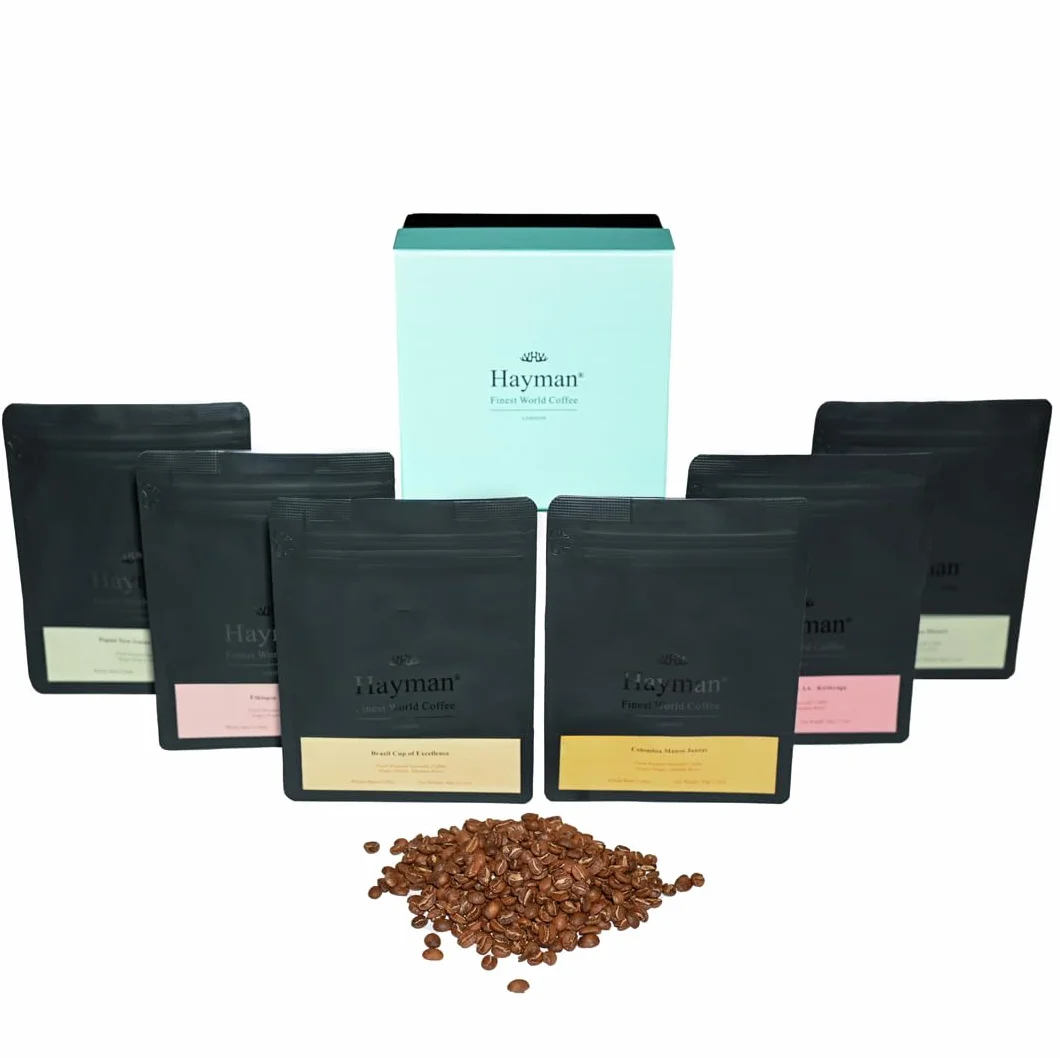 Hayman, Caja de Degustación de Cafés Especiales, Paquete de 6 Selecciones de Cafés Gourmet, Muestra de Variedad Premium, Surtido Regalo, En Grano, Tostado Medio, 6 bolsas con 60 Gramos (360g Total)