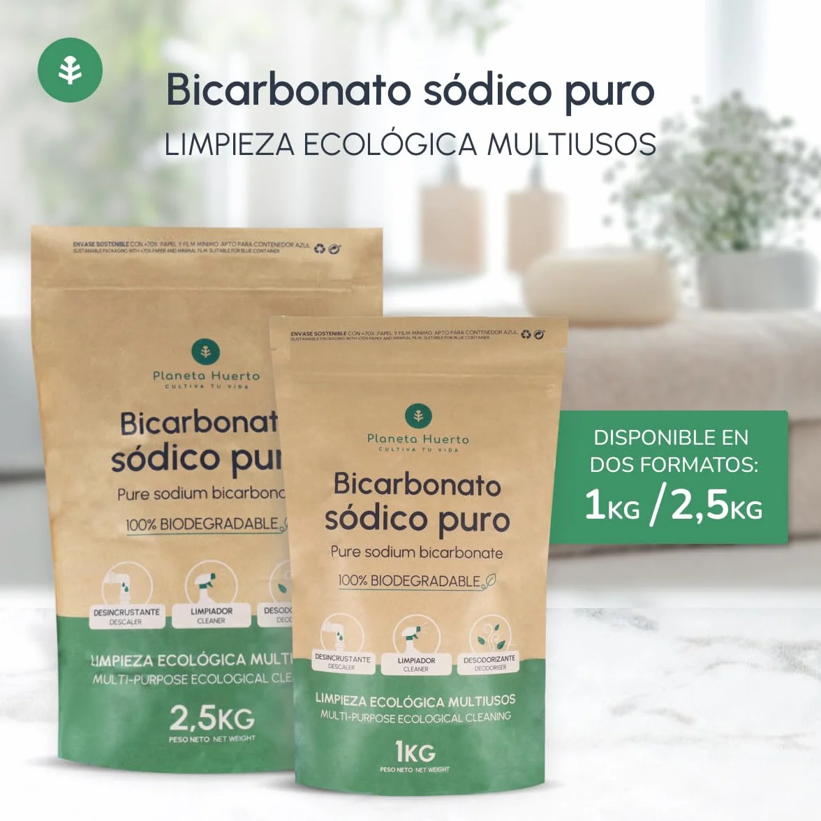 PLANETA HUERTO | Bicarbonato Sódico 1 kg - Multiusos, Hipoalergénico y Ecológico para Limpieza, Cocina y Más