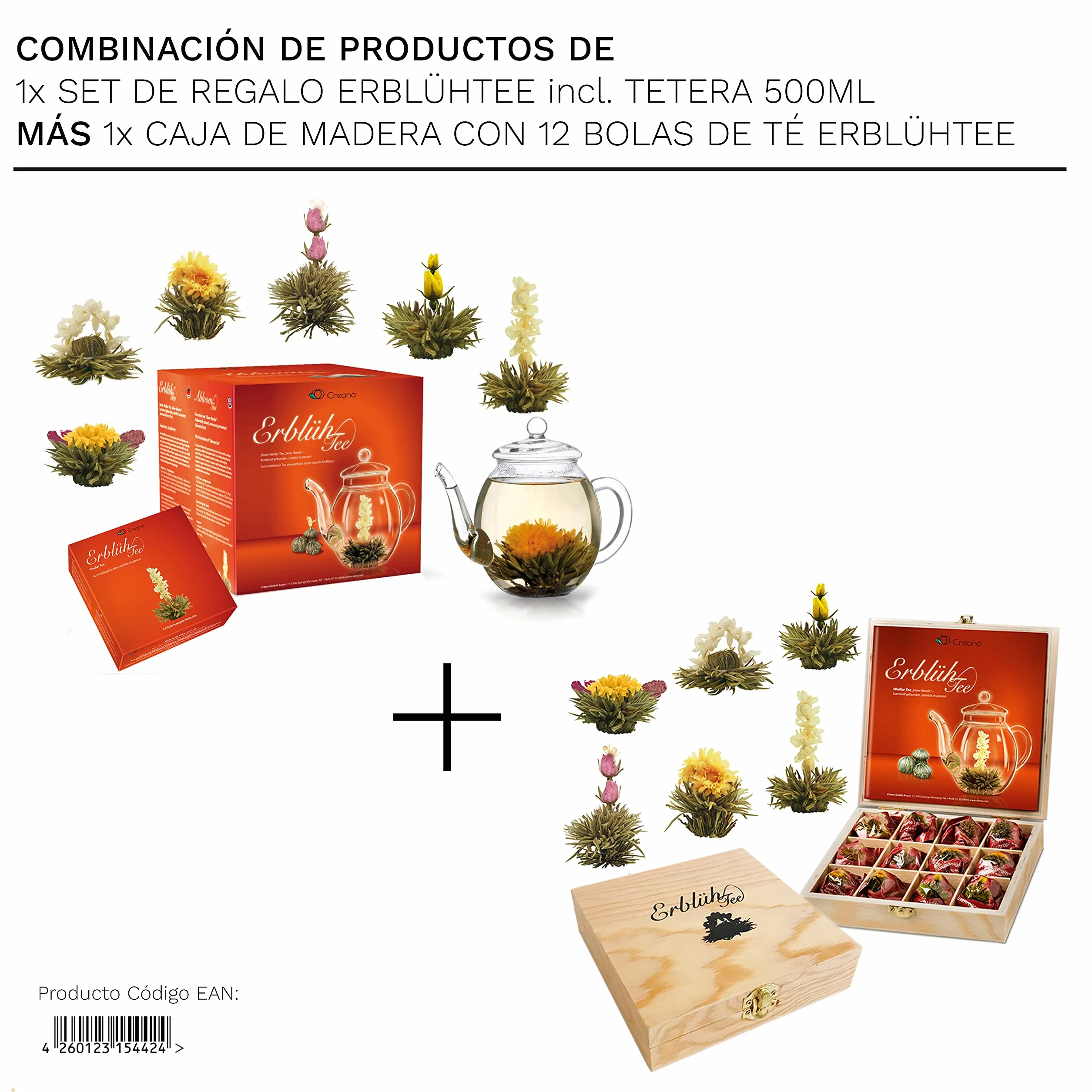 Creano Set XXL Flores de Té Blanco 18 uds Tetera 500ml Antigoteo Cofre Madera Regalo Boda