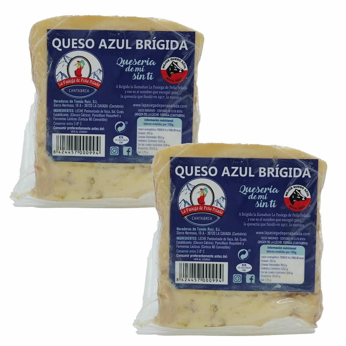LA PASIEGA DE PEÑAPELADA Queso Azul Brígida, PACK 2 Cuñas 350 gr (aprox) Al vacío - Sabor Intenso y Cremoso - Elaborado con Leche Pasteurizada de Vaca - Calidad Artesanal Española