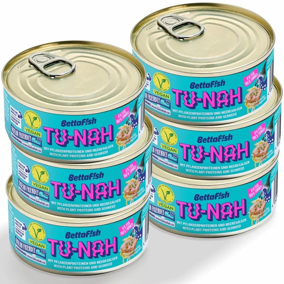 BettaF!sh TU-NAH - Repuesto para atún (6 x 140 g, sustituto vegano, rico en proteínas, Omega 3, vitamina B12, alternativa a pescado, sin soja, vegetariano