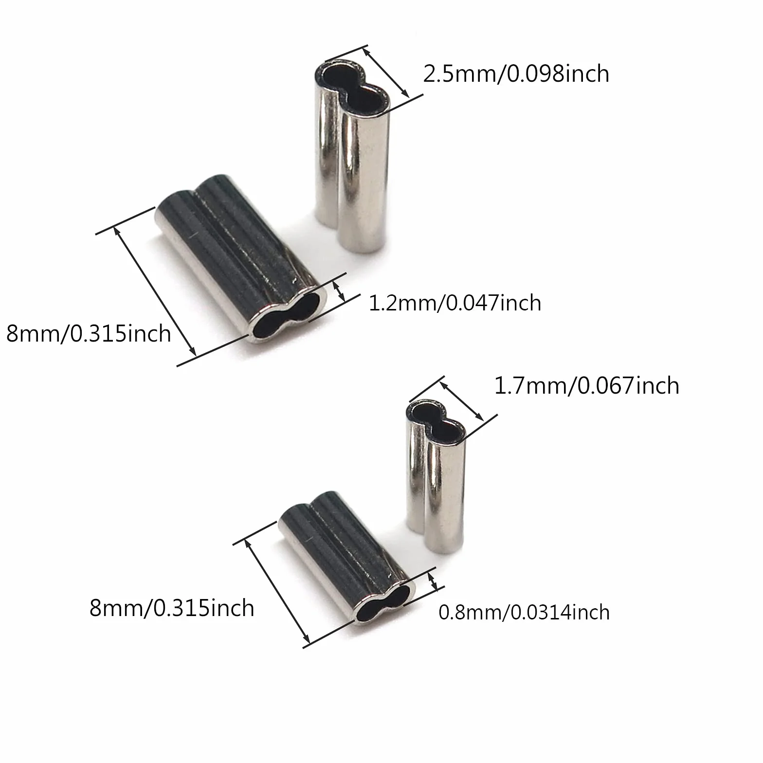 Conectores de Tubo Línea de Pesca, Manguitos de Crimpado Doble Barril, Cobre 1,2 mm y 0,8 mm, 200 Piezas