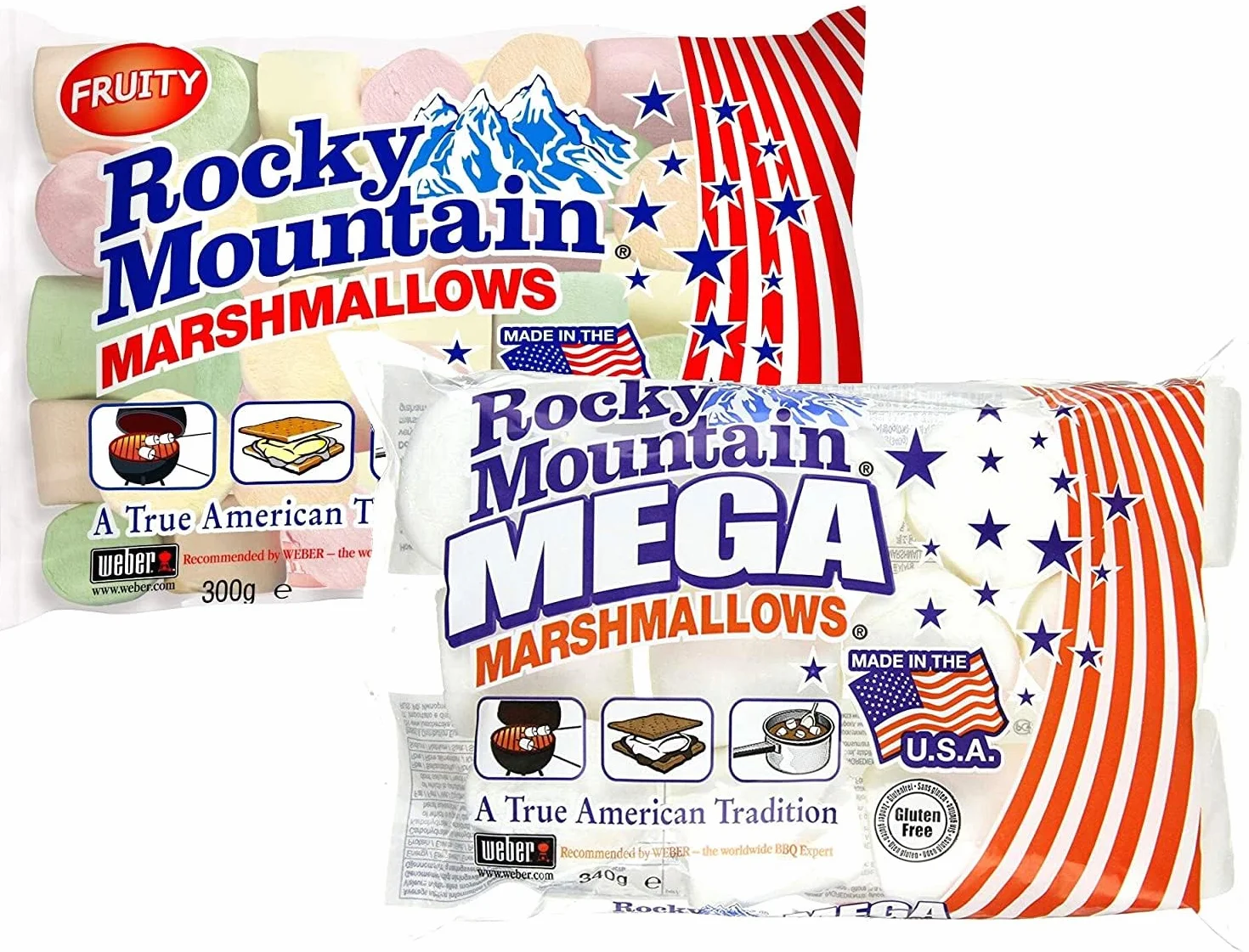Juego de degustación de malvaviscos de las Montañas Rocosas Fruity & Mega, coloridos dulces tradicionales americanos para asar en una fogata, a la parrilla o al horno, sabor a fruta, (1x300g, 1x340g)