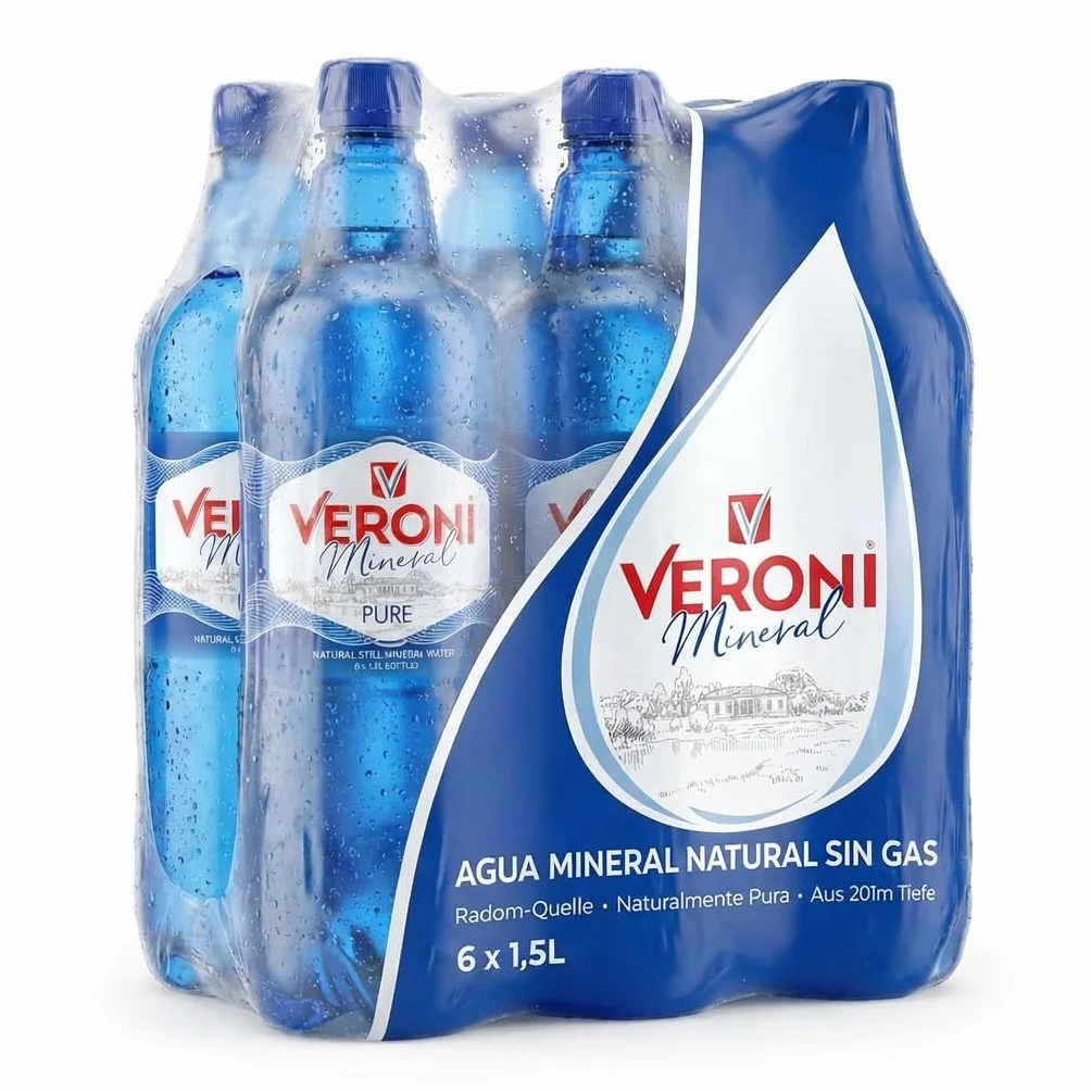 Agua mineral natural Veroni, 6 botellas de PET de 1,5 litros - Agua mineral procedente de un manantial a 201 metros de profundidad en Radom, Polonia.