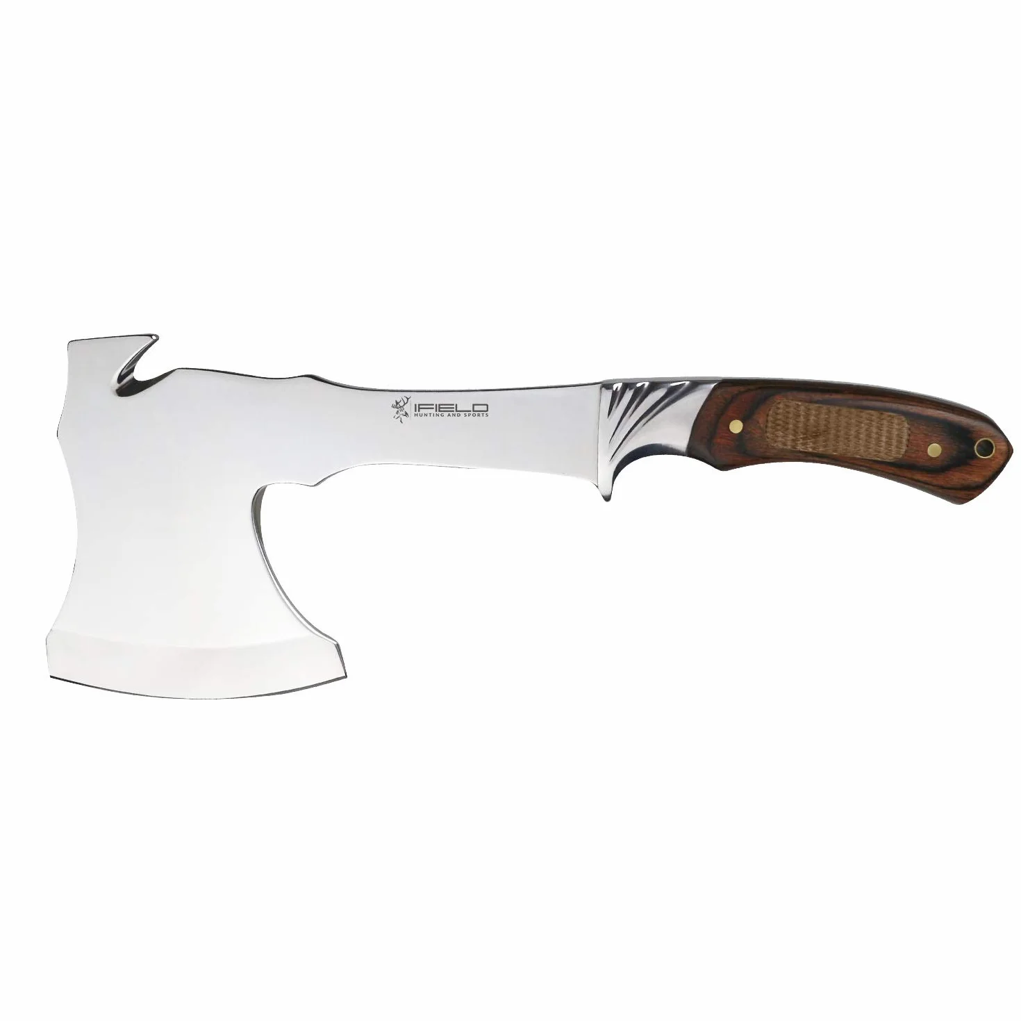 iFIELD Hacha Deportiva Camper EL29001, Hoja de Acero INOX 9,5 cm, Total 29,5 cm, Funda de Piel, Mango Stamina Decorada CNC