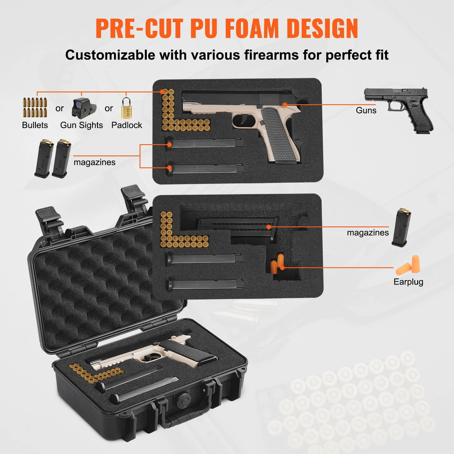 VEVOR Estuche Rígido para Pistola con Espuma de PU Precortada, 320x240x118 mm, Resistente al Agua y Polvo, Negro