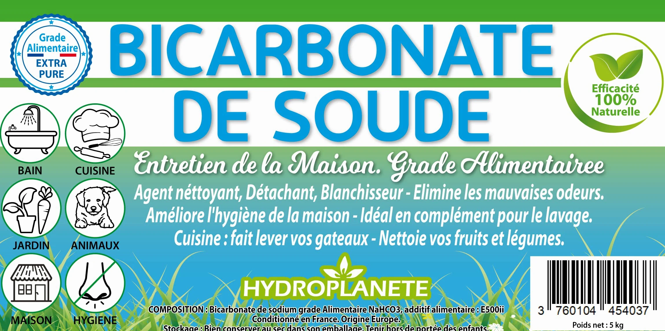 Bicarbonato Sódico Multiusos - Polvo para la Alimentación y el Hogar - Sin Aditivos y 100% Natural - Fabricado en Francia - Disponible de 1kg a 20kg - Hydroplanete