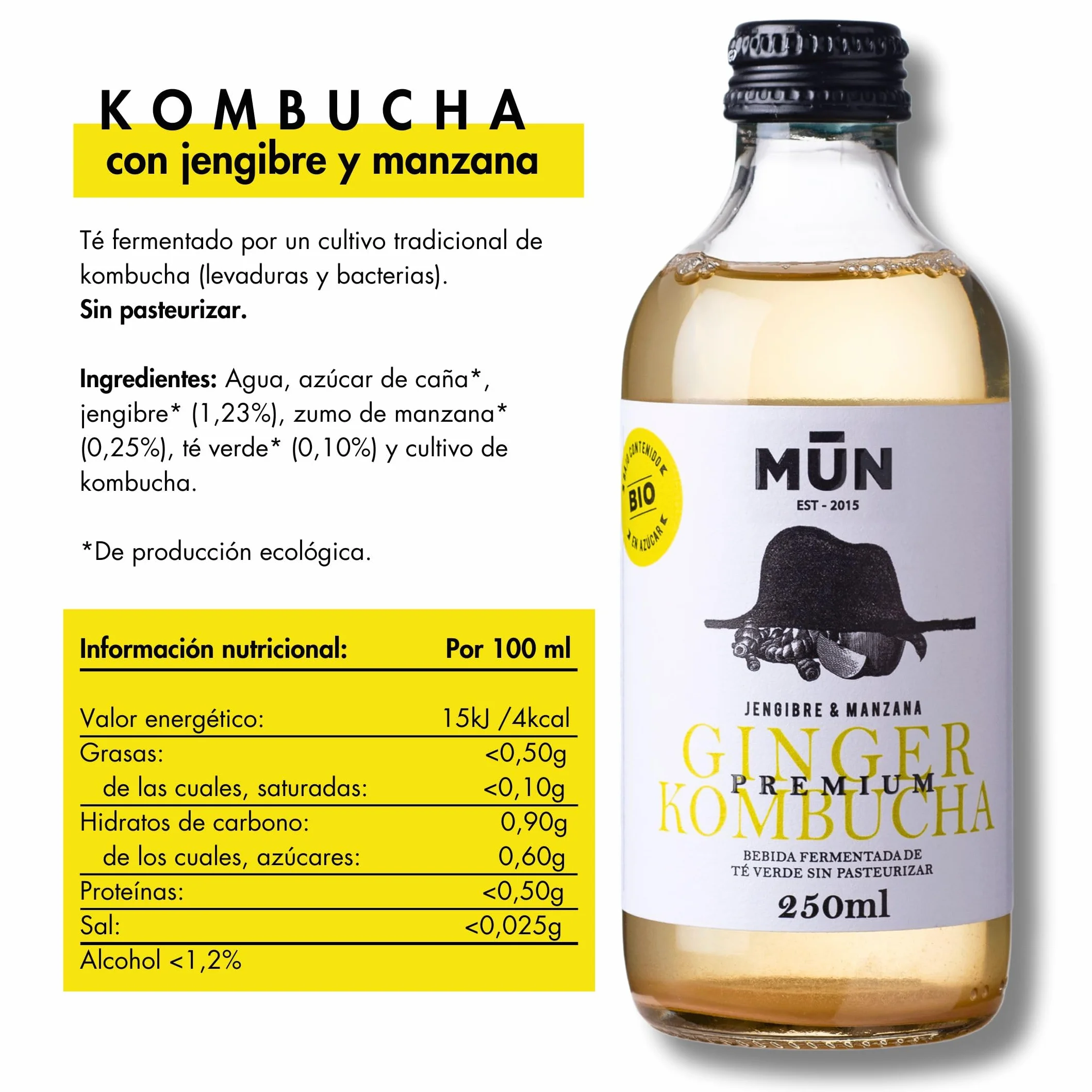 Mūn Ferments Té Kombucha Pack Mix 12x250ml Ecológico Bio Probióticos Naturales Ginger Hibiscus Flowers