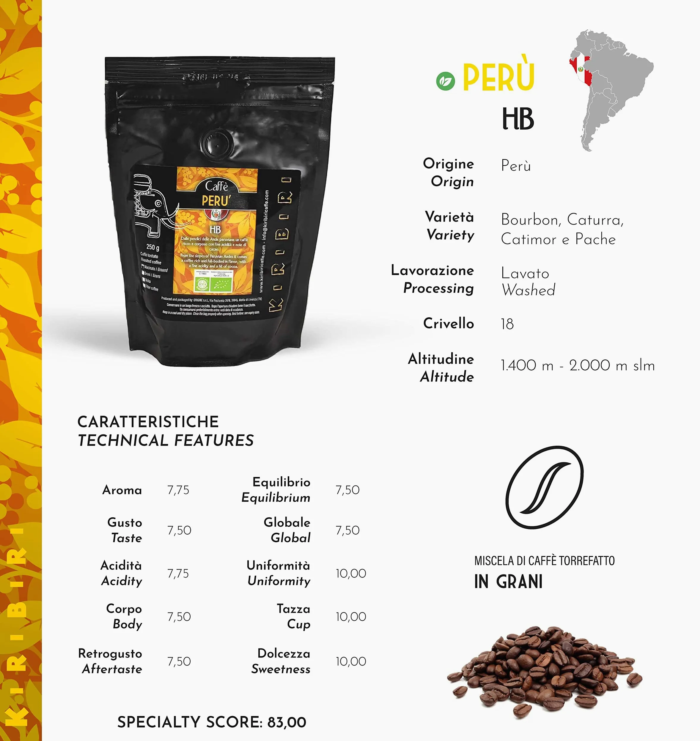 KIRIBIRI Café Especial de Origen 100% Arábica en Grano - Paquete de 4 x 250 g - Orígenes: Colombia, Costa Rica, Perú Orgánico, Etiopía