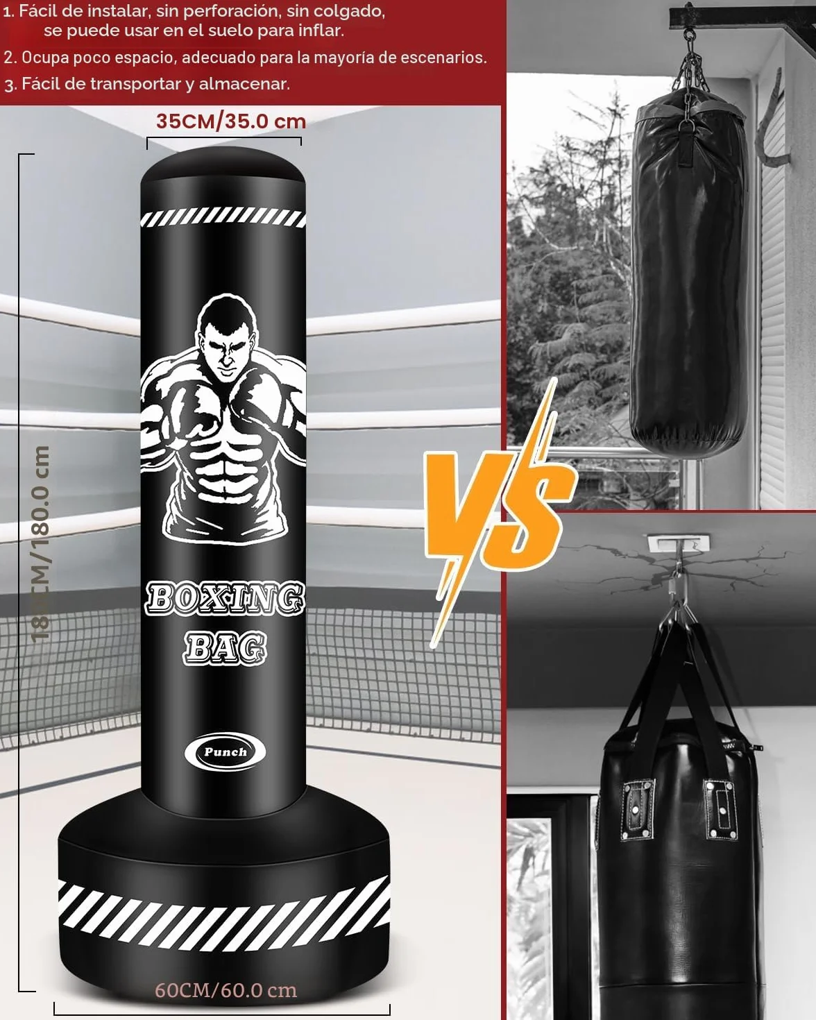 Saco de Boxeo para Adultos 180 cm Inflable Pesado con Soporte Kickboxing Artes Marciales Mixtas