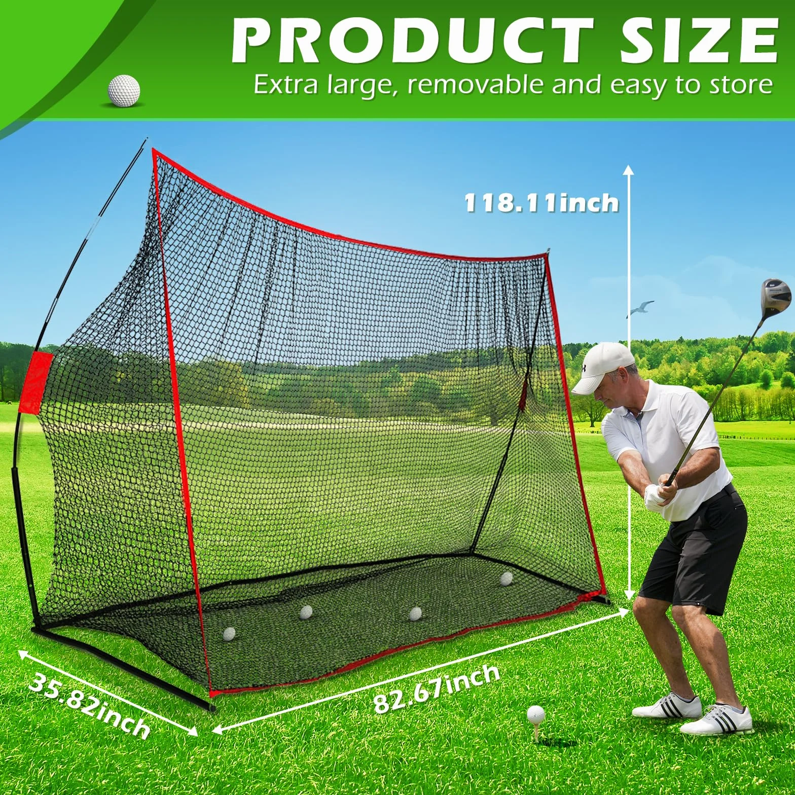 GoSports - Red de golf para práctica, 3 m x 2,1 m o 2,1 m x 2,1 m, campo de entrenamiento personal para uso interior o exterior
